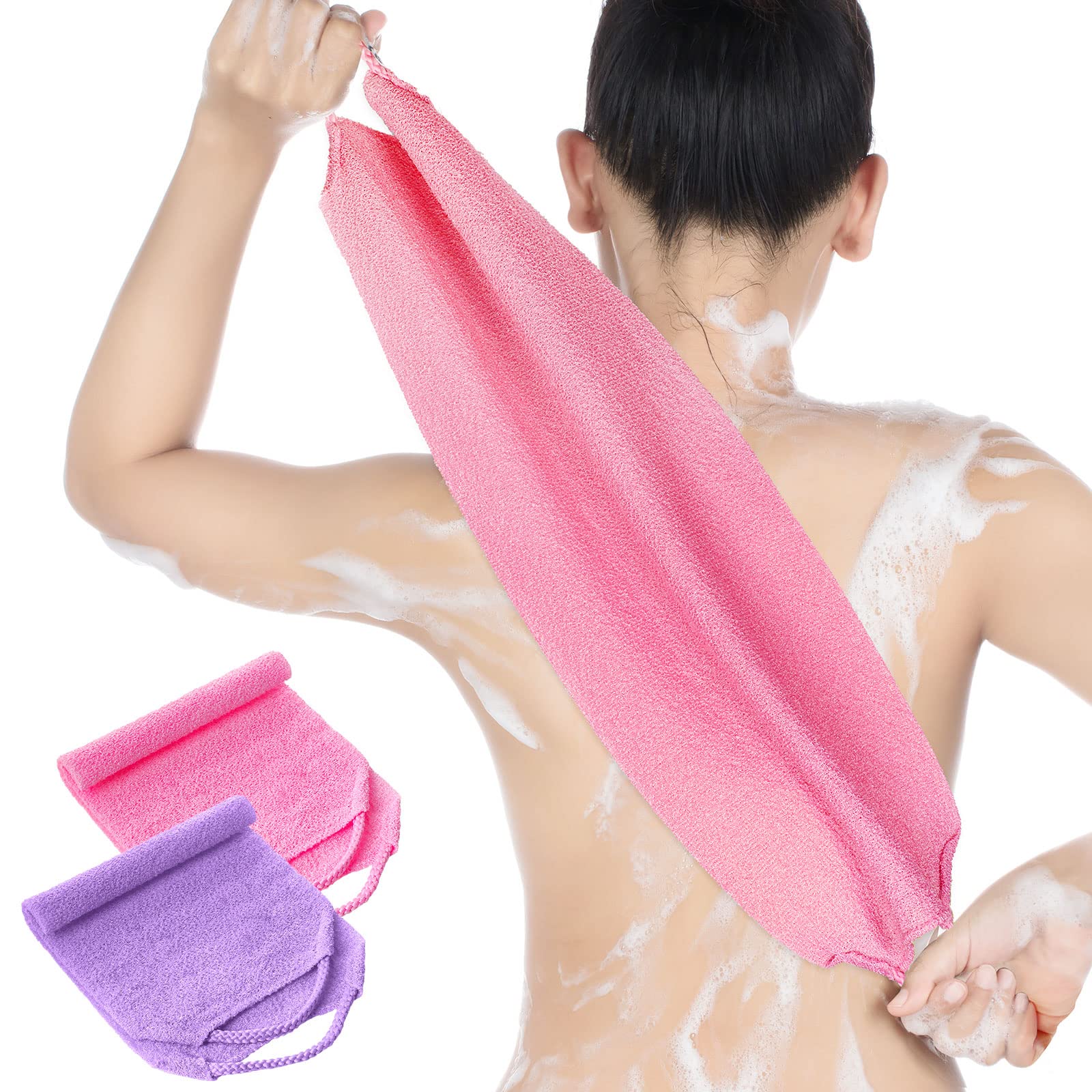 Back Scrubber for Shower Exfoliating Washcloth Back Cloth Body Extended  Length Scrubber Towel Nylon Exfoliating Stretchable Pull Strap Wash Cloth  for Bath Body Scrub Washcloth 2 Pack (Pink Purple)