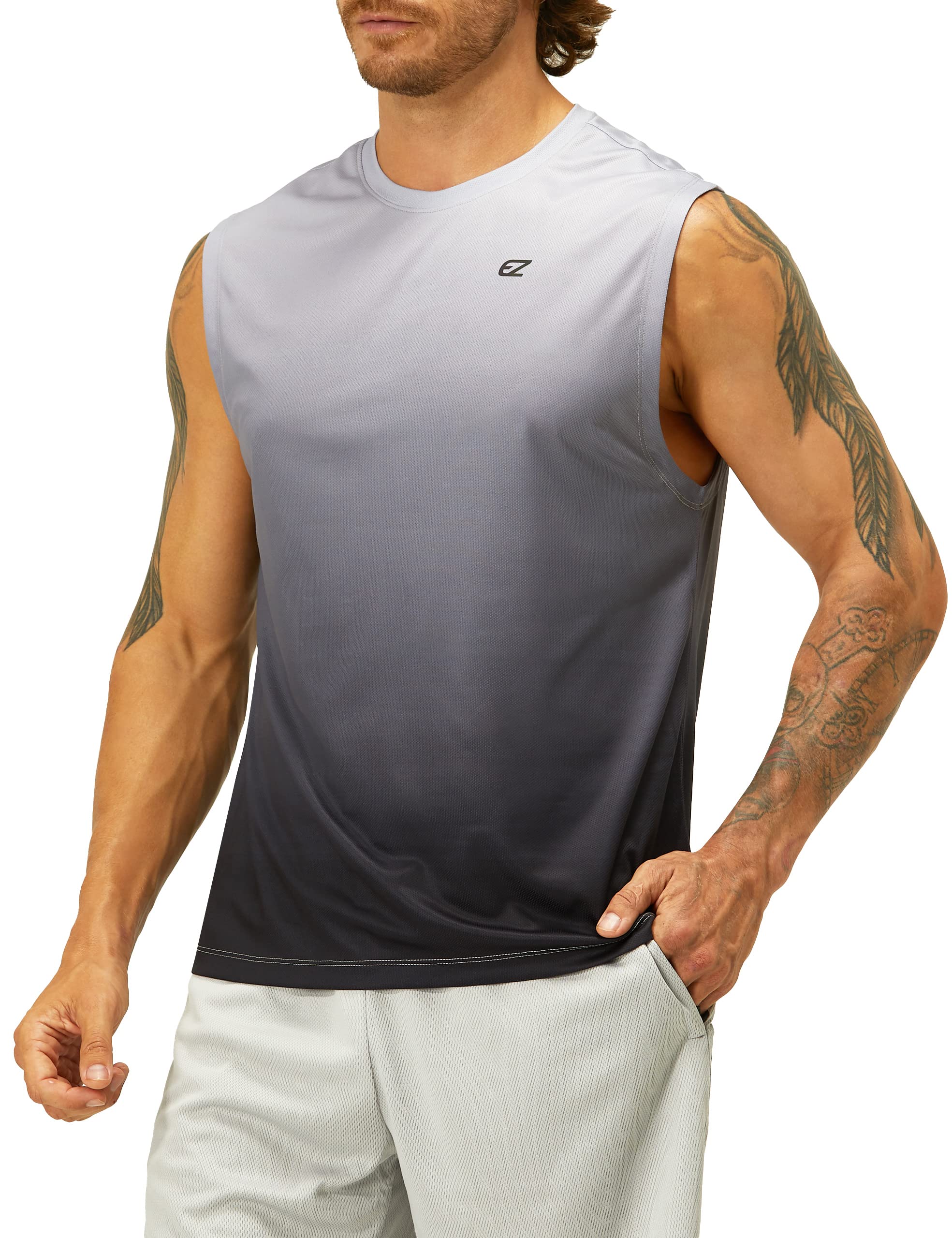 EZRUN Men's Workout Sleeveless Shirts Quick Dry Muscle Swim Shirt Gym  Fitness Running Beach Tank Tops X-Large Grey Gradient
