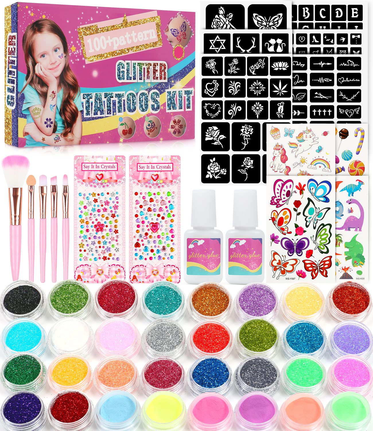 Temporary Glitter Tattoo Kit for Kids 26 Body Glitter 2 Glitter Glue 5  Sheets Tattoo Stencil 5 Pcs Makeup Brush 6 Fluorescent Powder Rhinestone  Stickers for Face Hair Nail Eye- Perfect for Makeup Set 1