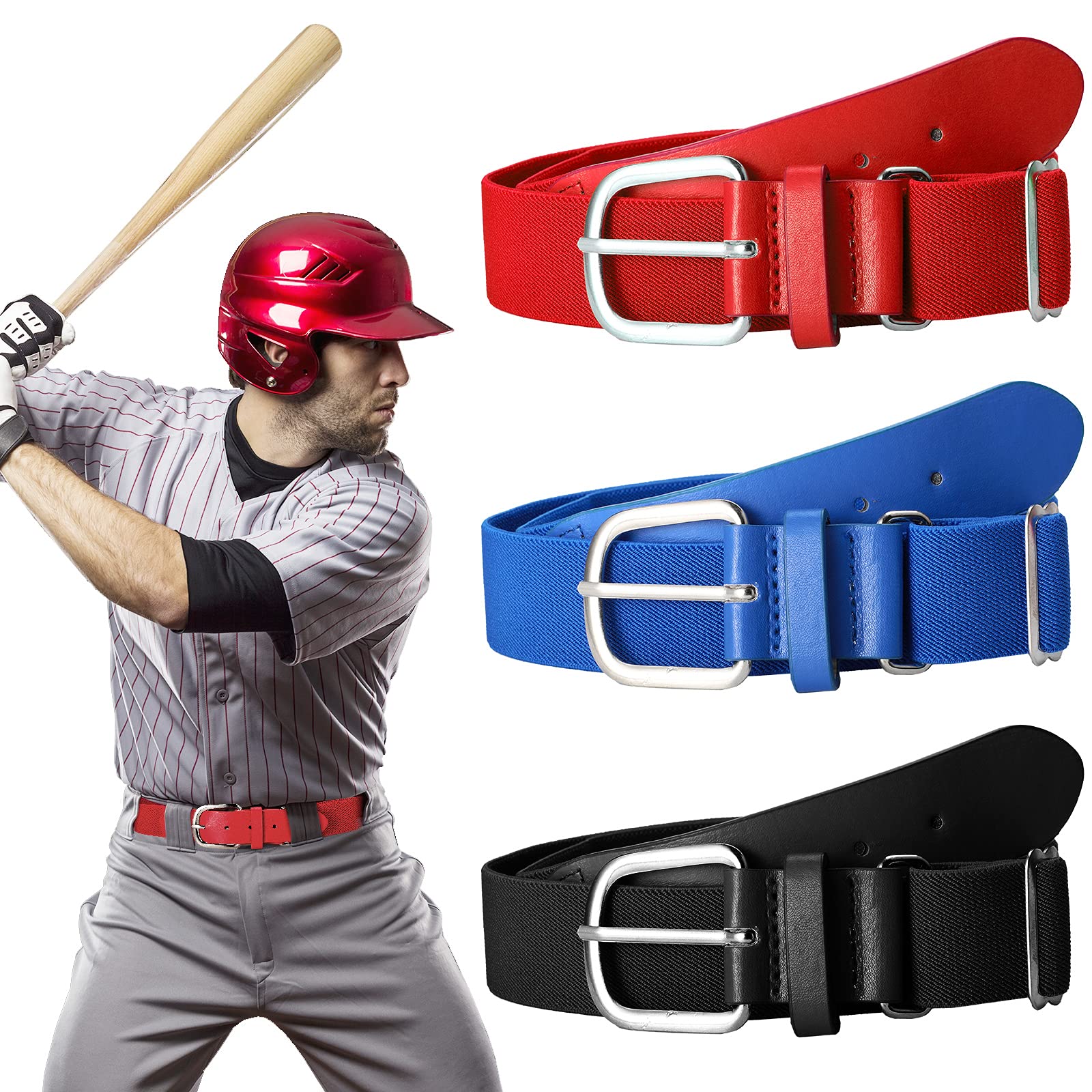 Syhood 3 Pieces Baseball Belt Elastic Softball Belt Adjustable Softball  Belt Waist Belt Unisex for Youth and Adult with 1-1/2 Inch Buckle