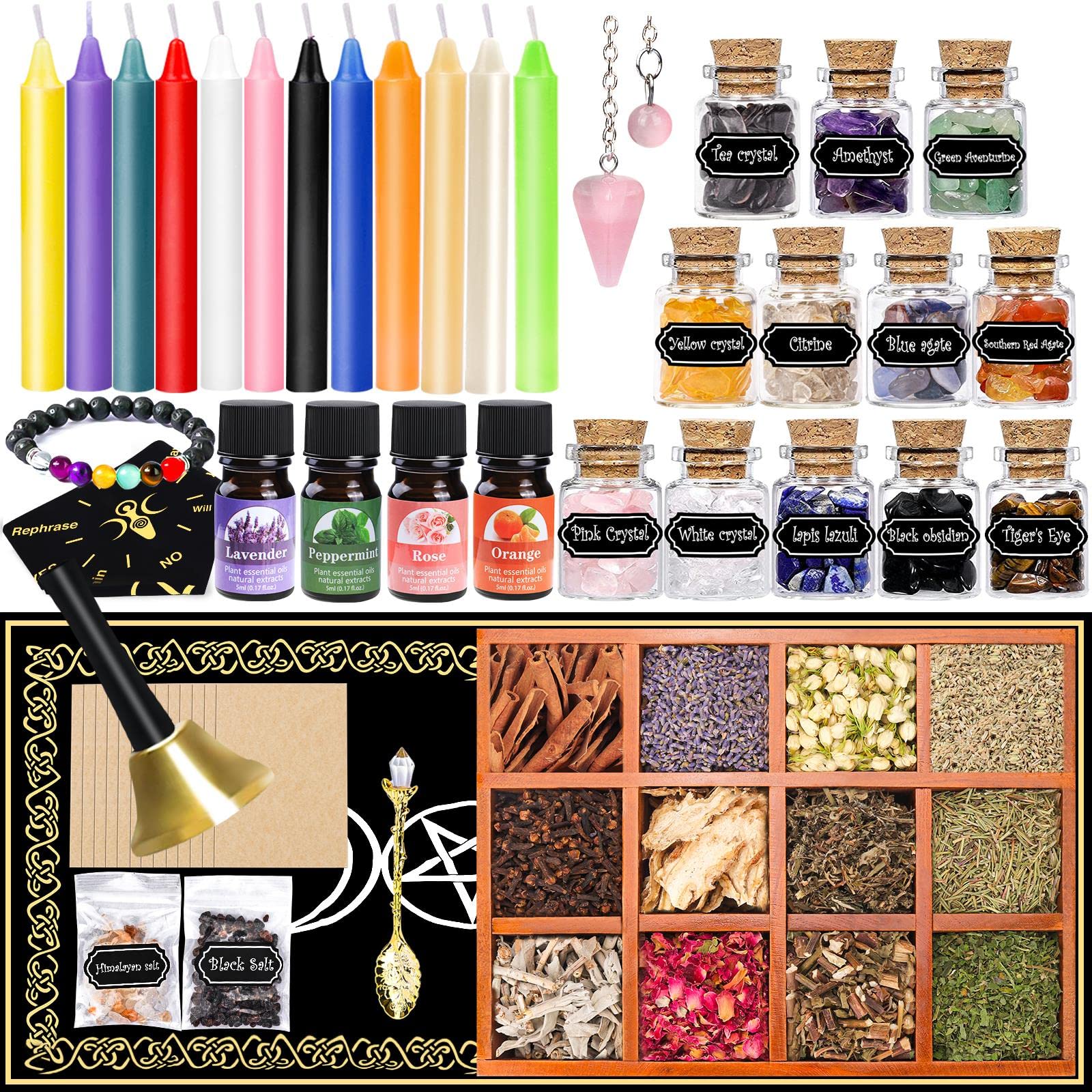 41-Piece Witchcraft Supplies Kit - Crystals, Herbs, Candles & Pendulum For Wiccan Rituals