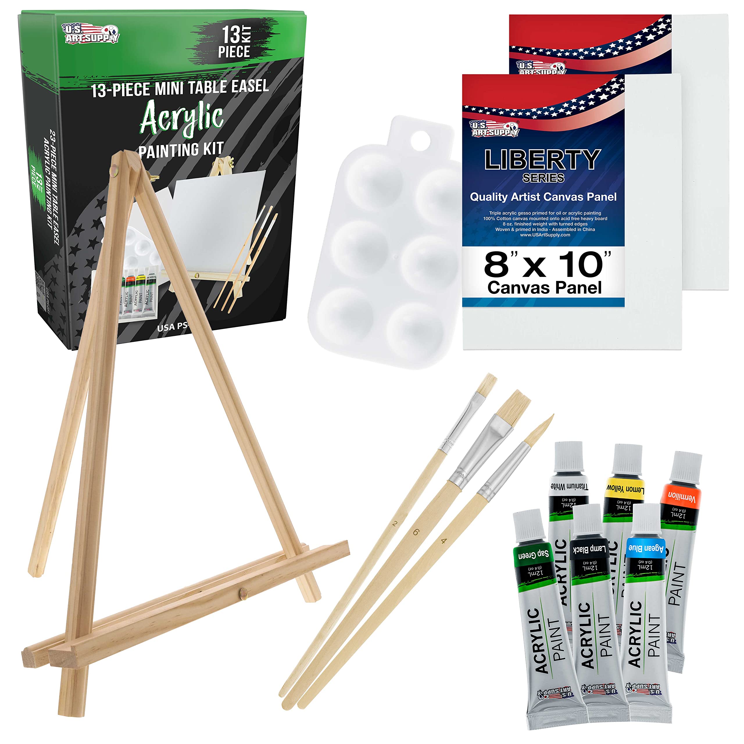U.S. Art Supply 13-Piece Artist Painting Set with 6 Vivid Acrylic Paint  Colors 12 Easel 2 Canvas Panels 3 Brushes Painting Palette - Fun Children  Kids School Students Beginners Starter Art Kit
