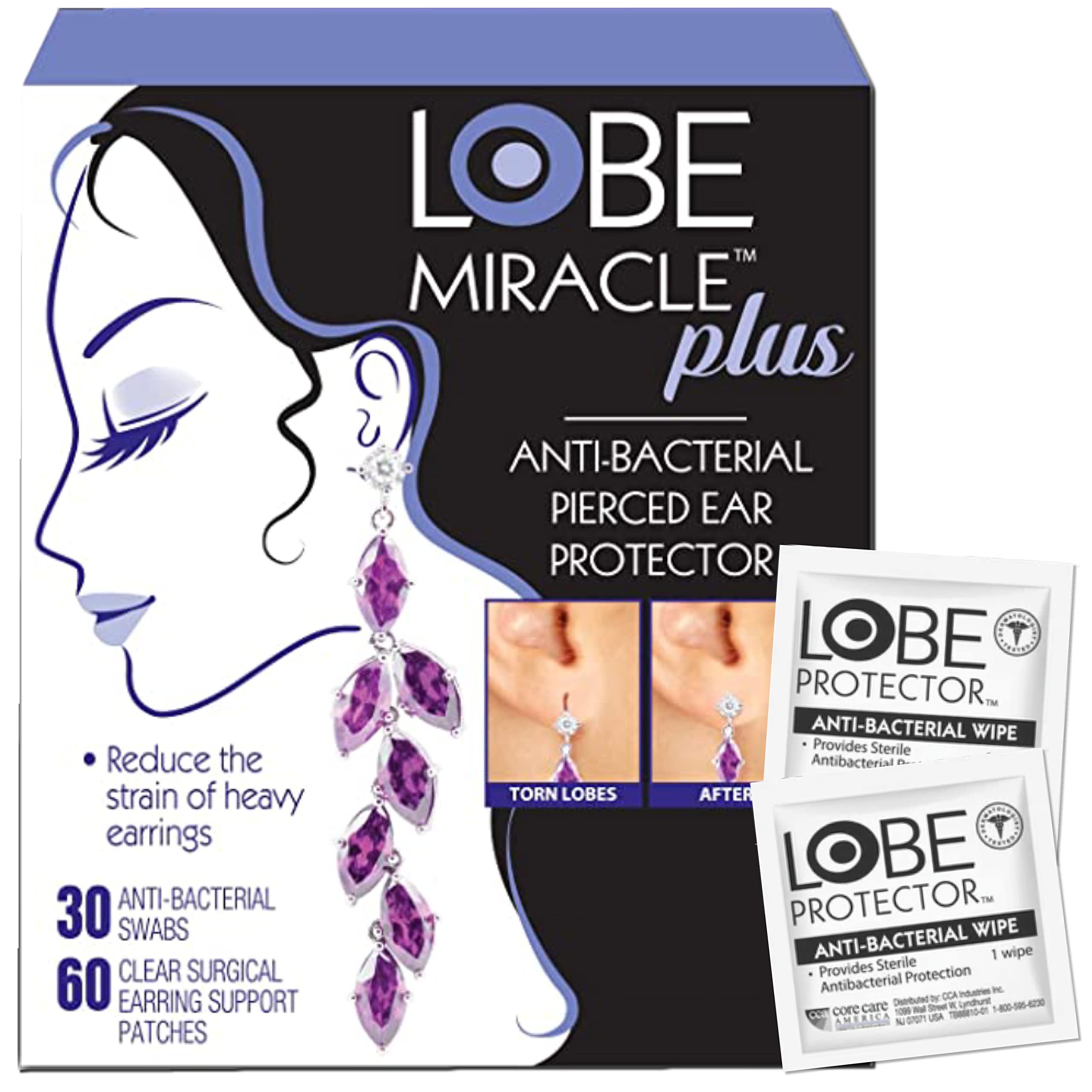 Lobe Miracle Plus - Clear Earring Support Patches & Antiseptic Wipes - Earring  Backs for Droopy Ears - Ear Care Products for Torn or Stretched Ear Lobes  (60 Patches & 30 Swabs)