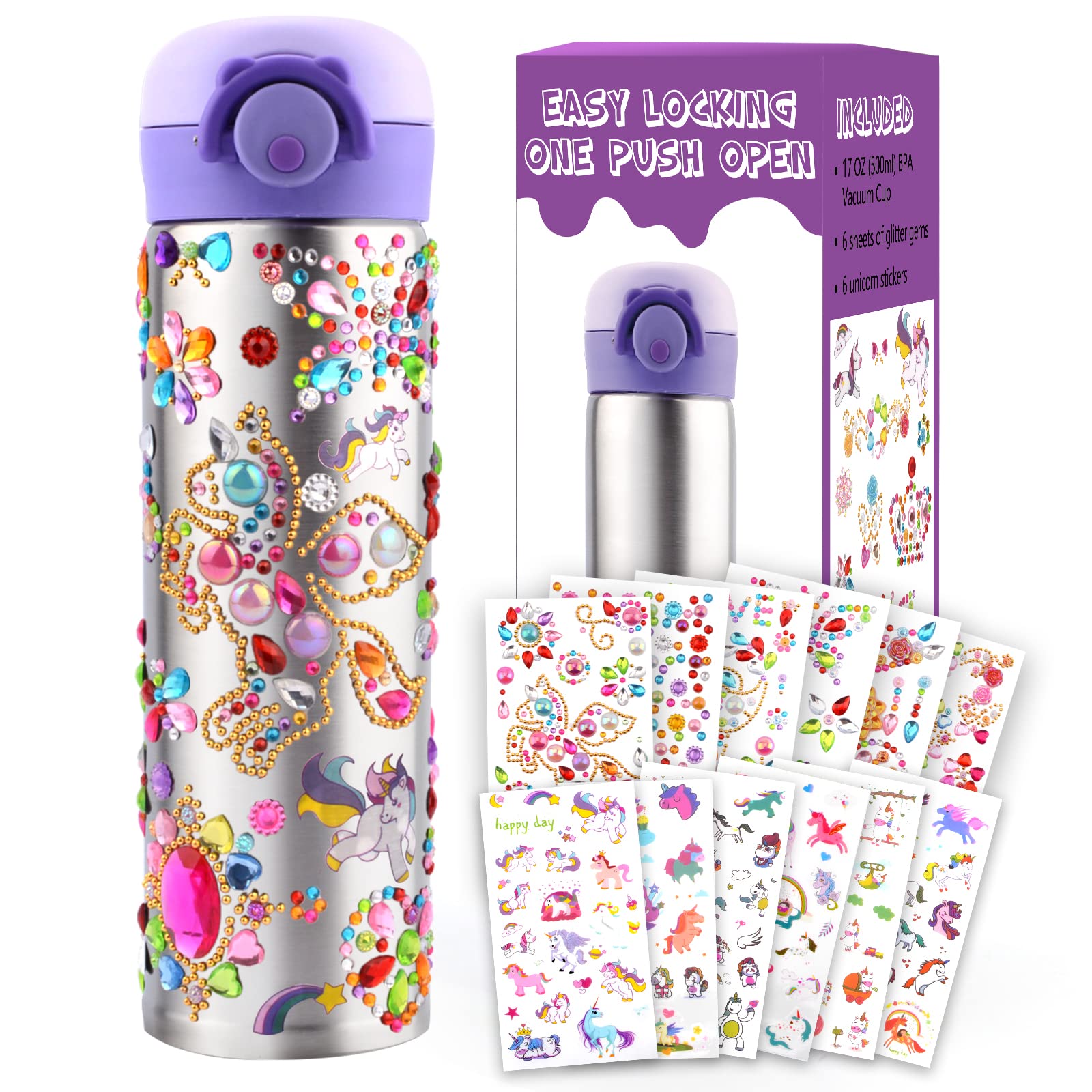 Decorate Your Own Water Bottle Gifts for Girls Age 6-12 Birthday Gifts for  Girl Unicorn Sticker & Glitter Gems BPA Free Insulated(Purple)