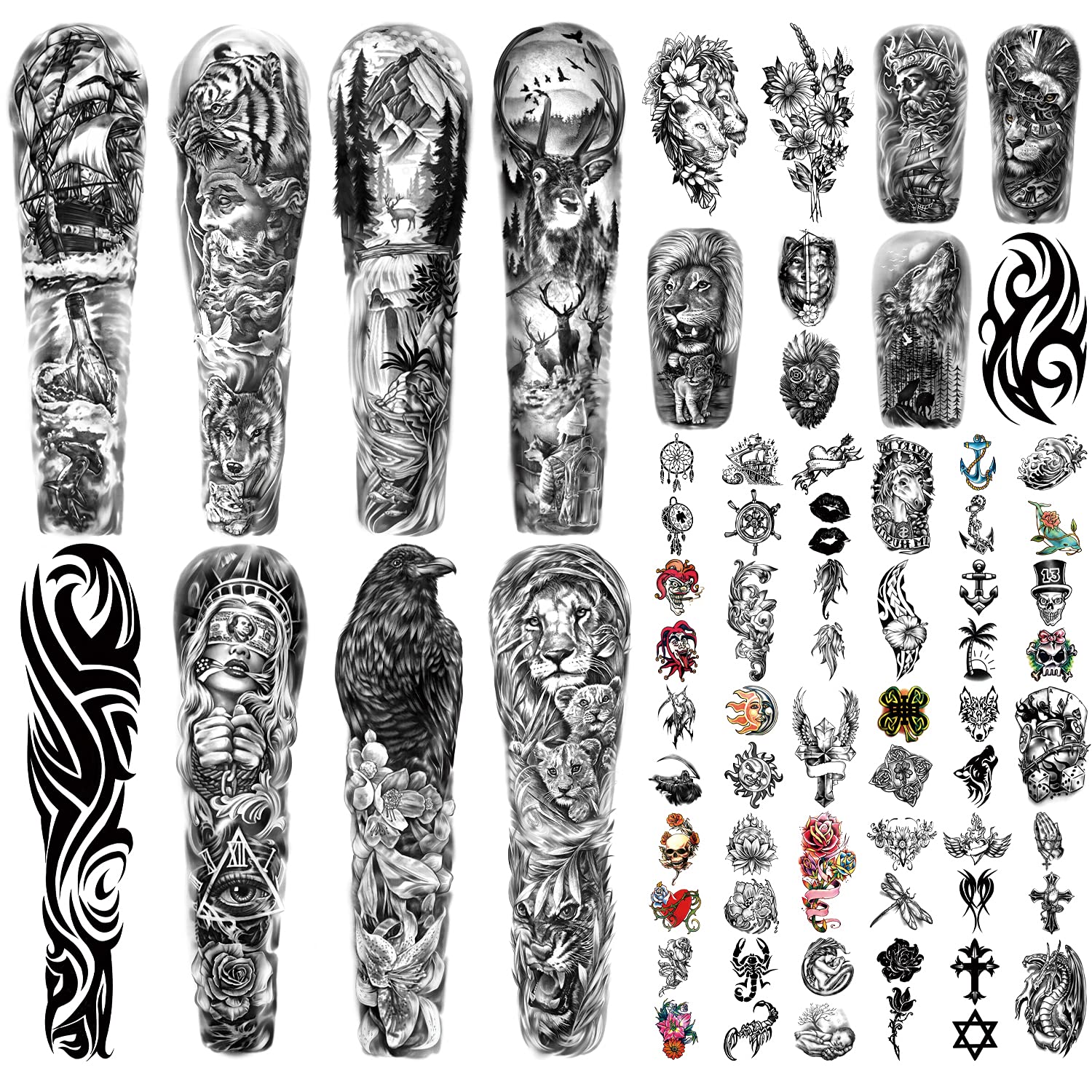 SOOVSY 46 Sheets Full Arm Temporary Tattoo for Men with Lion Deer Eagle Flame Totem Boat Flower, Half Arm Temporary Tattoo for Women with Wolf Lion Flame Totem Daisy, Fake Tattoos Aldult SOOVSY 46 Sheets Full Arm Temporary Tattoo for Men with Lion Deer Eagle Flame Totem Boat Flower, Half Arm Temporary Tattoo for Women with Wolf Lion Flame Totem Daisy, Fake Tattoos Aldult