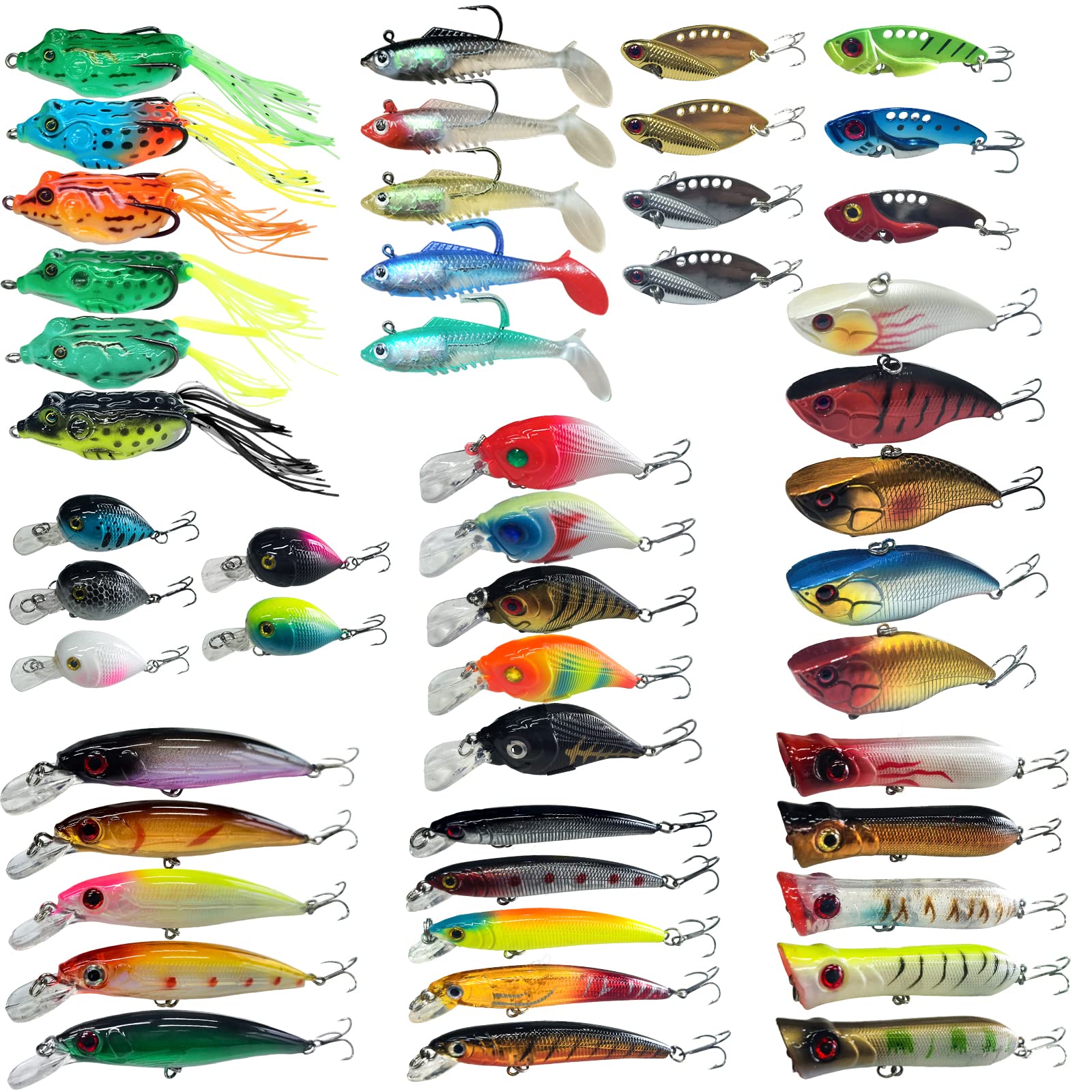 XBLACK Hard Fishing Lures Set Minnow Popper Jointed VIB Shrimp Frogs  CrankBaits for Beginner Starter, XBLACK Baits, Catch Big Fish! 48 pcs-C