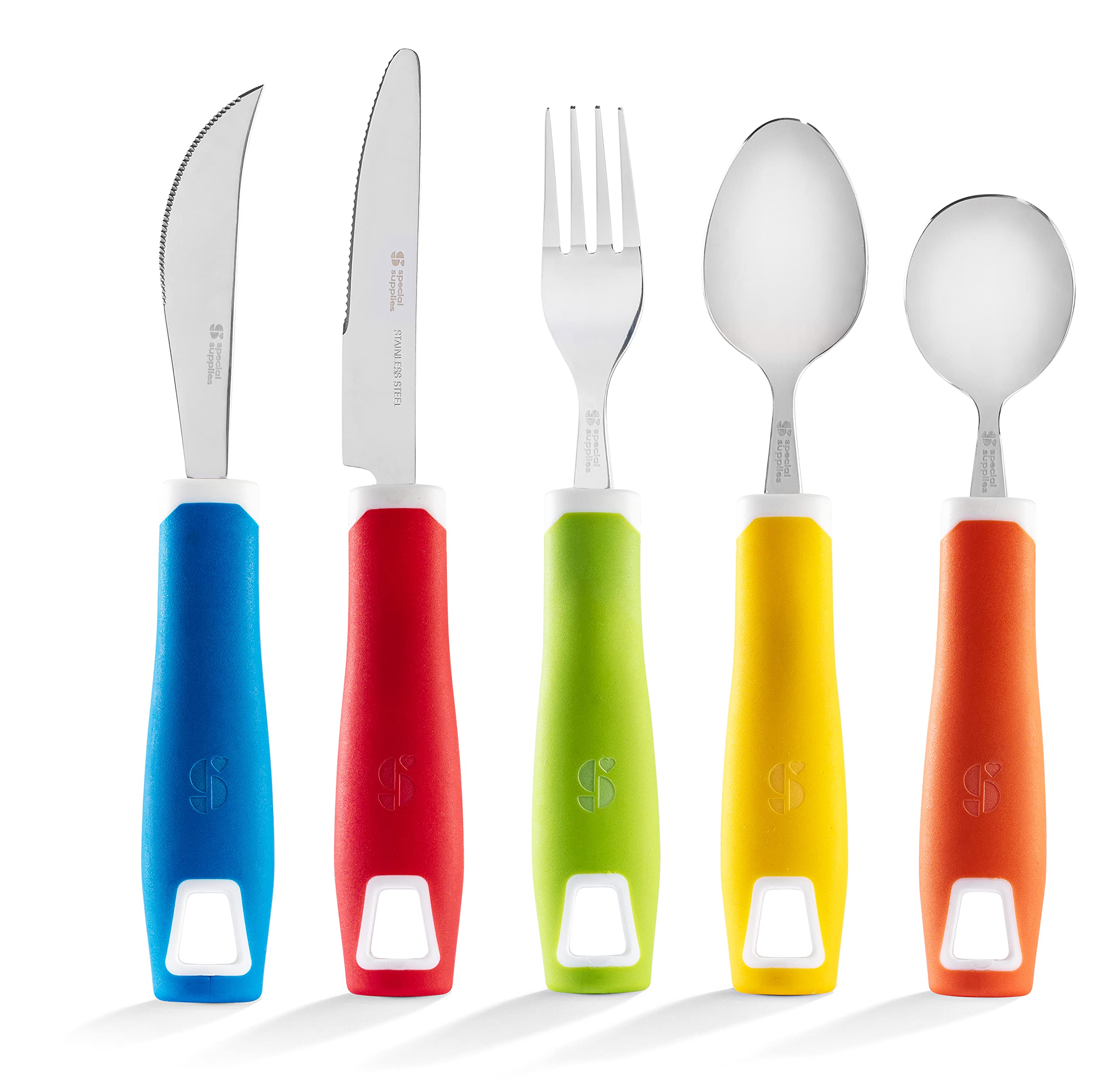 Special Supplies Adaptive Utensils 5-Piece Set Non-Weighted, Non-Slip  Handles for Hand Tremors, Arthritis, Parkinsons, Elderly Use -Stainless  Steel Knife, Rocker Knife, Fork, Spoons -Colored