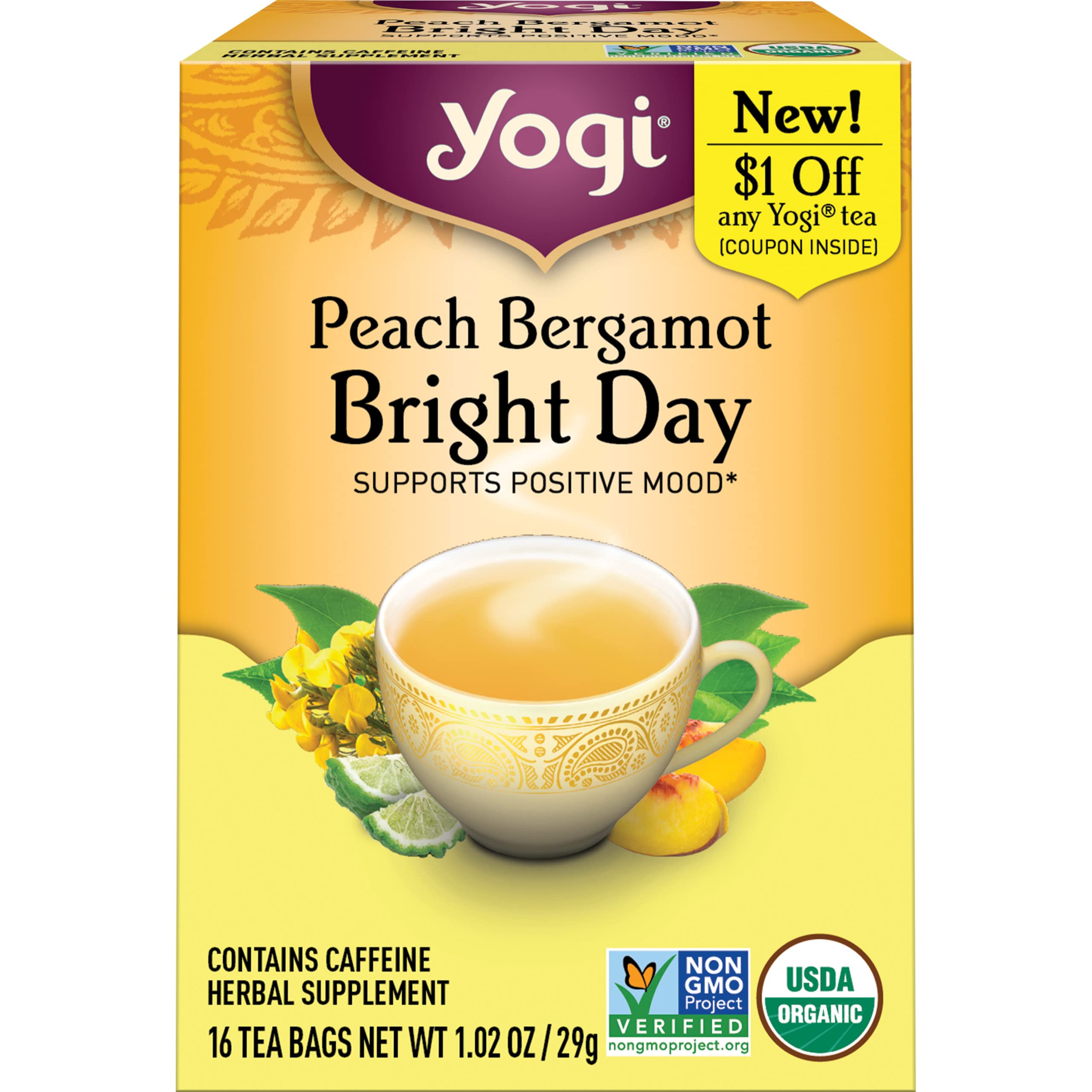 Yogi Tea - Peach Bergamot Bright Day Tea (4 Pack) - Supports Elevated Mood  and Energy Levels - With Oolong and Green Tea Extract - Contains Caffeine -  64 Organic Tea Bags 16 Count (Pack of 4)