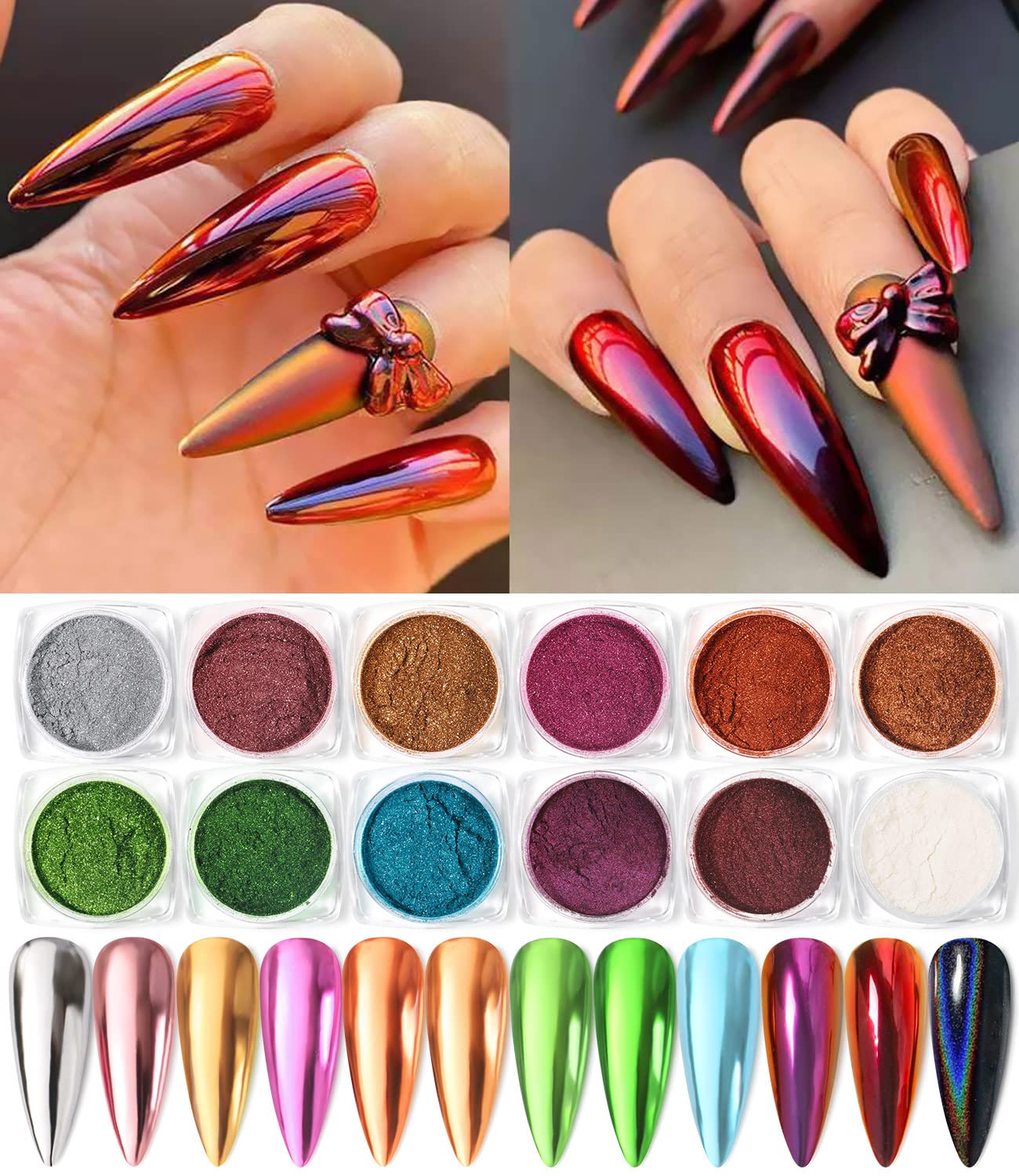 Chameleon Nail Chrome Powder 12 Colors Rose Gold Purple Holographic Powder  High Gloss Reflective Effect Glitter Metallic Pigment with 12 Eyes Shadow  Brushes Silver