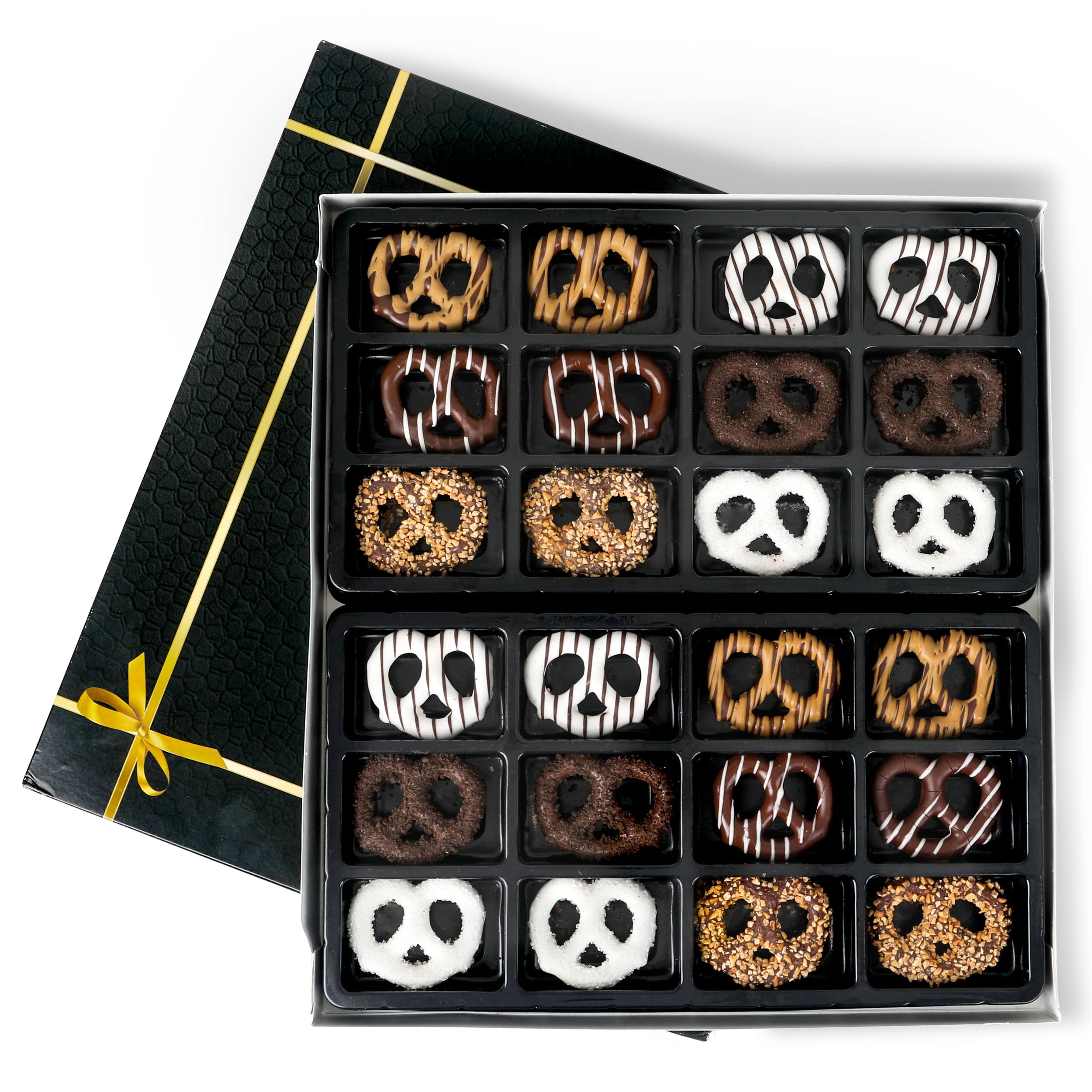 Deluxe 24 piece chocolate covered pretzels gift box dark white