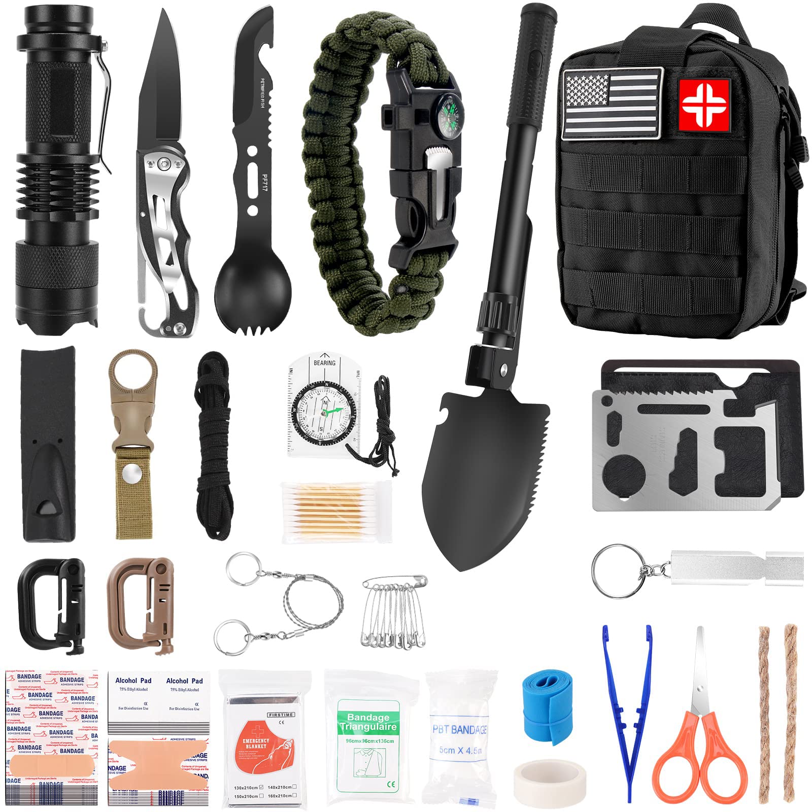  Emergency Survival & First Aid Kit & Tourniquet - 250 PCS Go Bugout  Bag Survival Gears with Compass Flashlight Shovel - Tactical Military Grade  EDC Backpack for Outdoor Camping Scout (Army