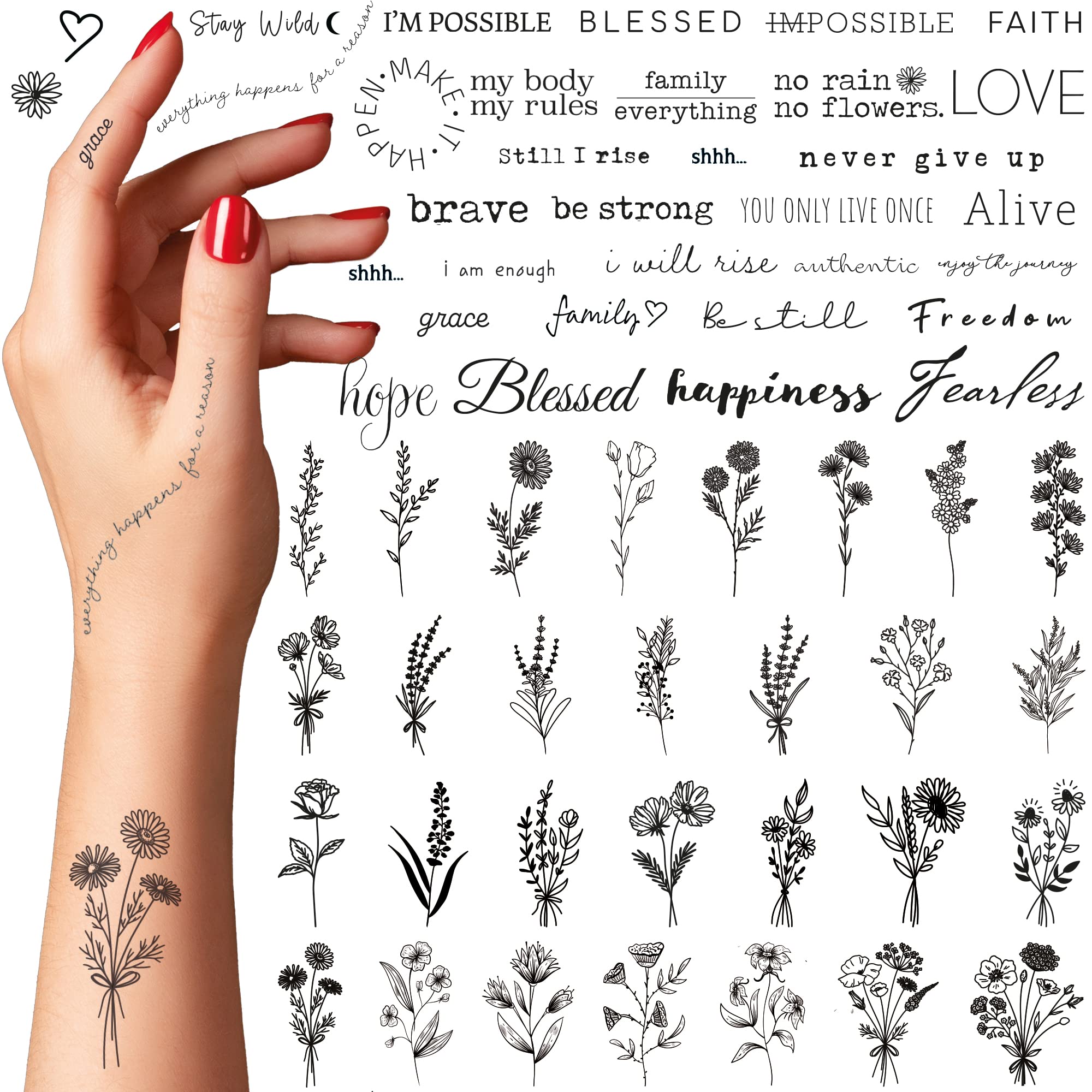 Temporary Tattoos For Women -110 Temporary Tattoo Stickers Of Flowers &  Phrases- Fake Tattoos Temporary Realistic & Aesthetic - Tatoos For Women &  Tatoos For Adults - Tatuajes Temporales Women Unisex
