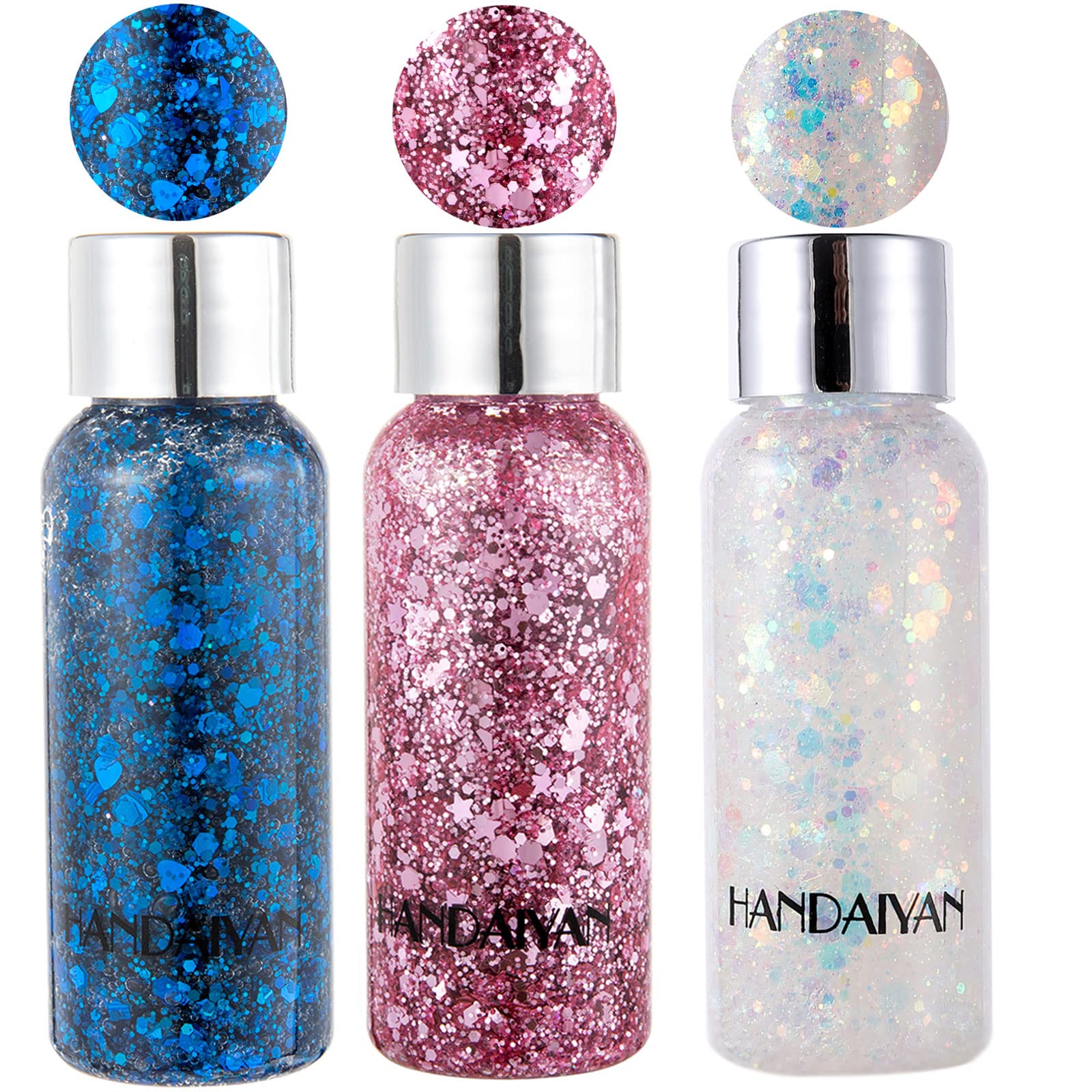 3 Pack HANDAIYAN Holographic Body Glitter Gel Nail Hair Body Face