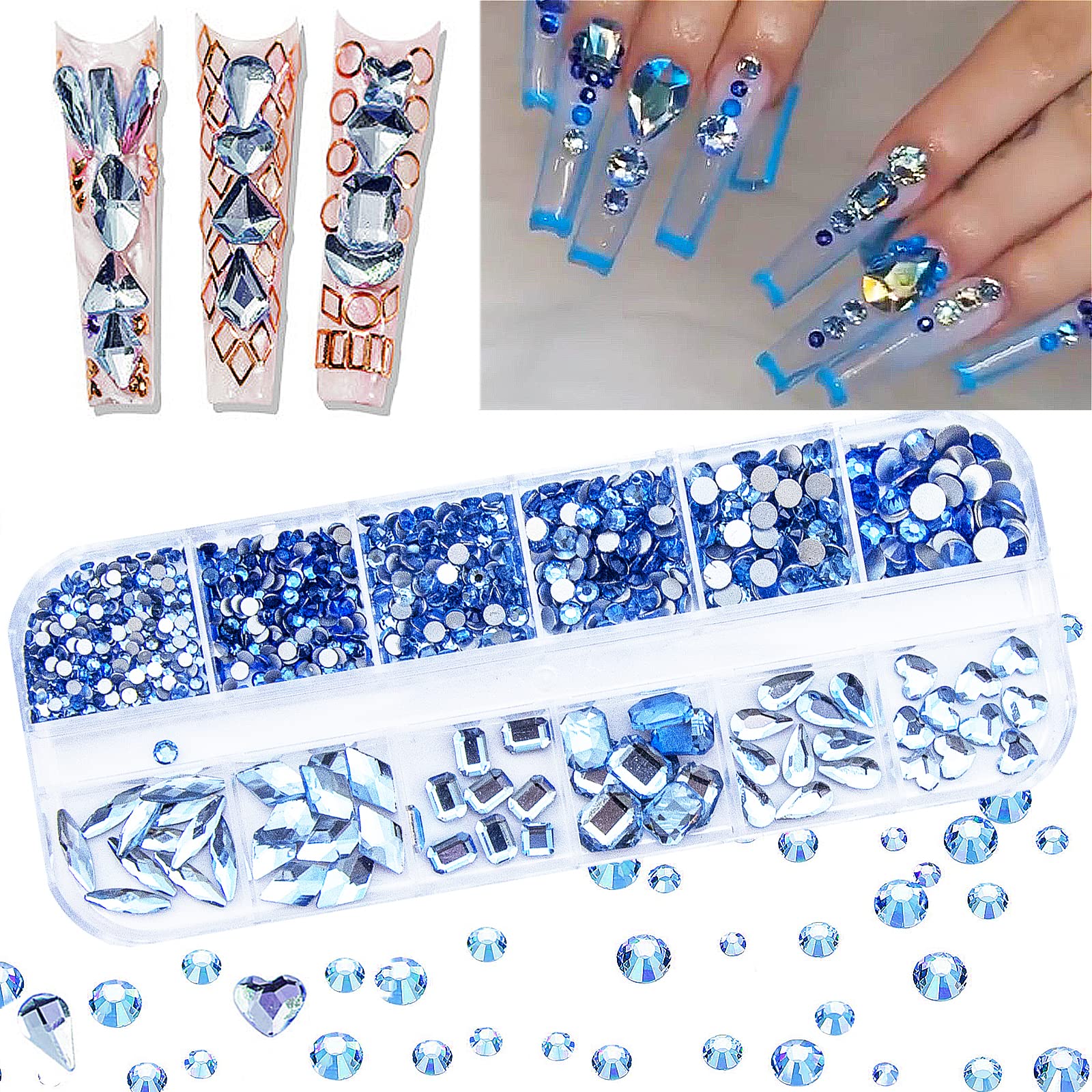 660Pcs Light Blue Nail Rhinestones Blue Crystals Nail Art Diamond Gem Round  Multi Shapes Sizes Flatback