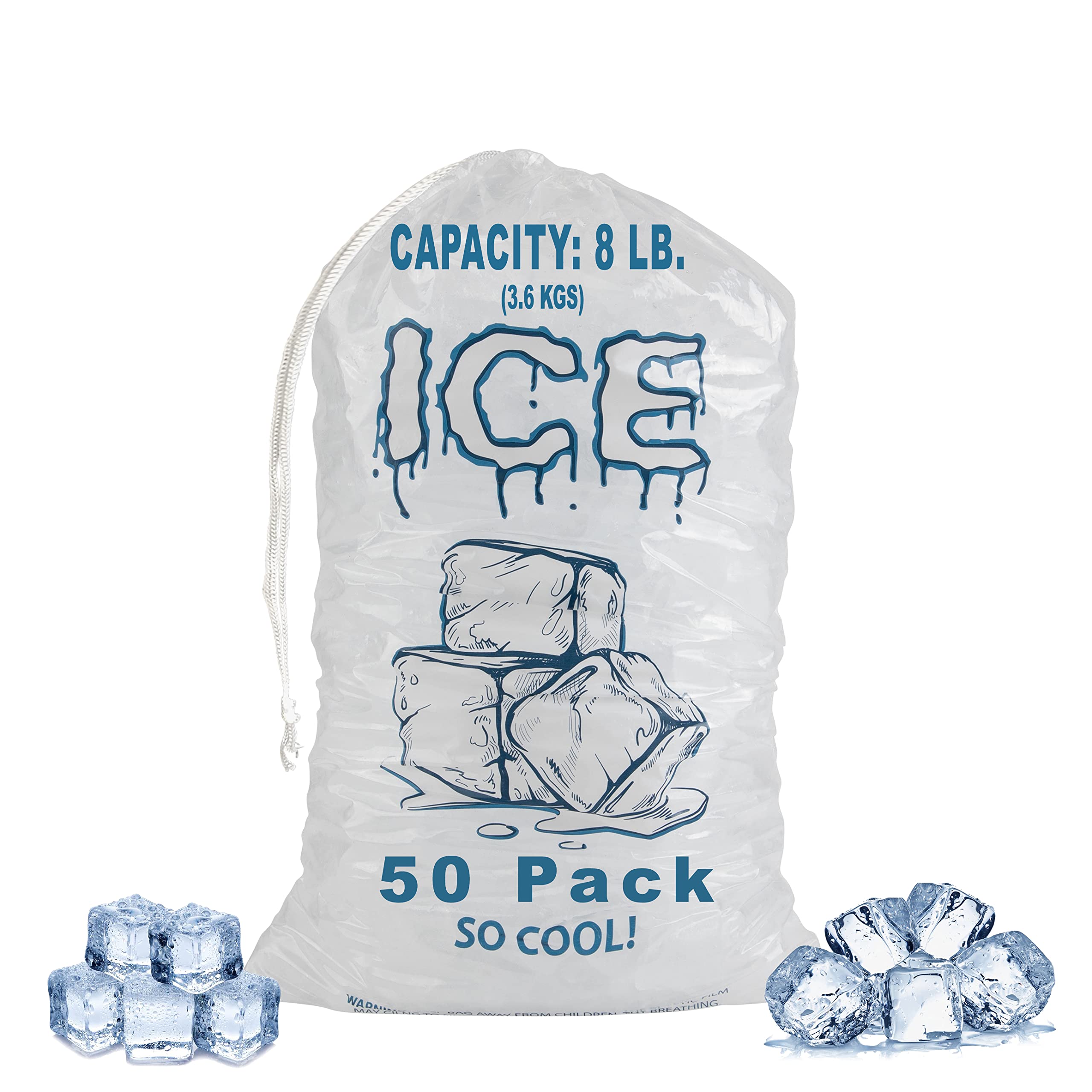 Ice Bags 8 lb with Drawstring, 50 Count Ice Bags for Ice Machine,  Heavy-Duty Reusable Ice Cube Bags, Portable Storage and Freezer Keeper