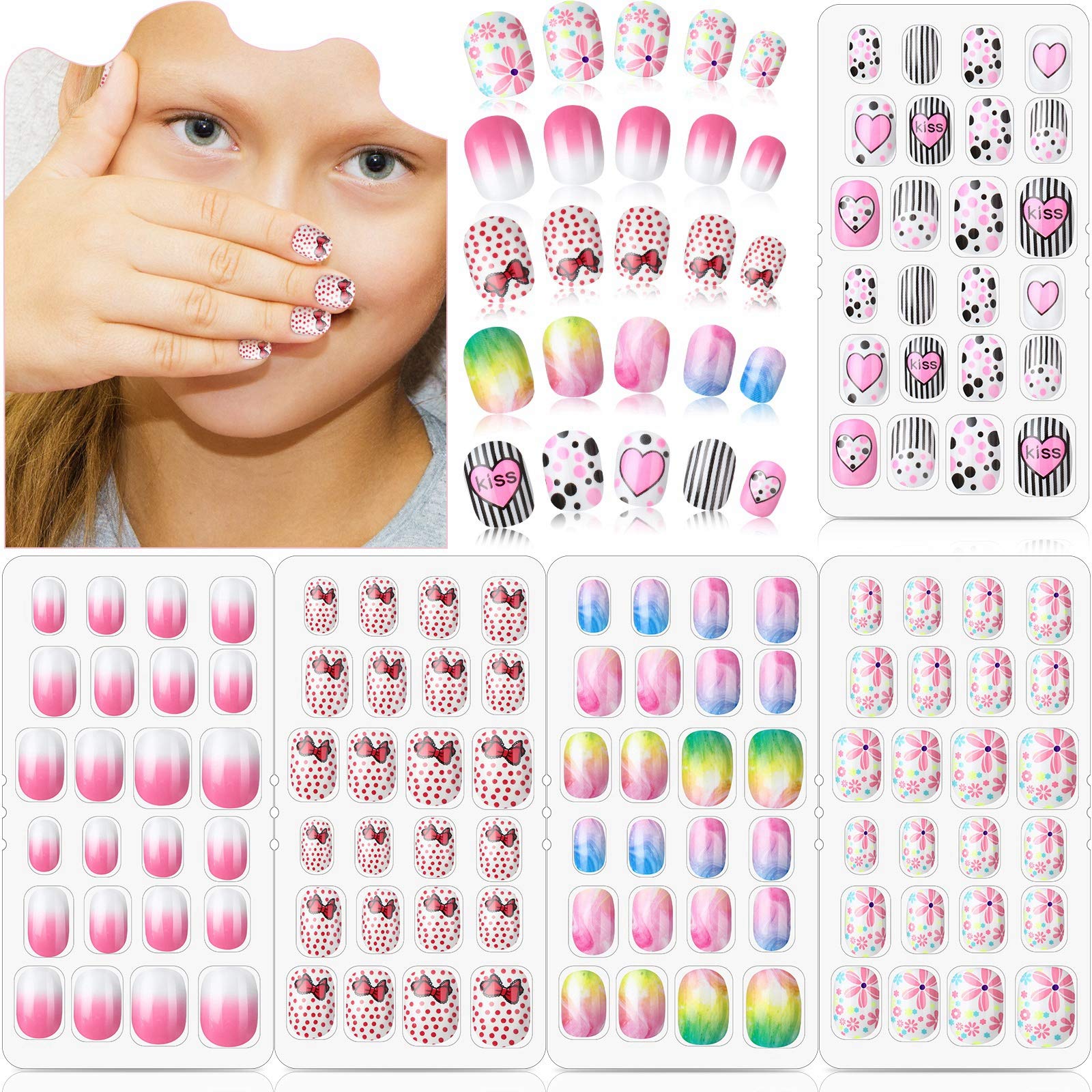 120 Pieces Kids Press on Nails Children Fake Nails Artificial Nail Tips ...