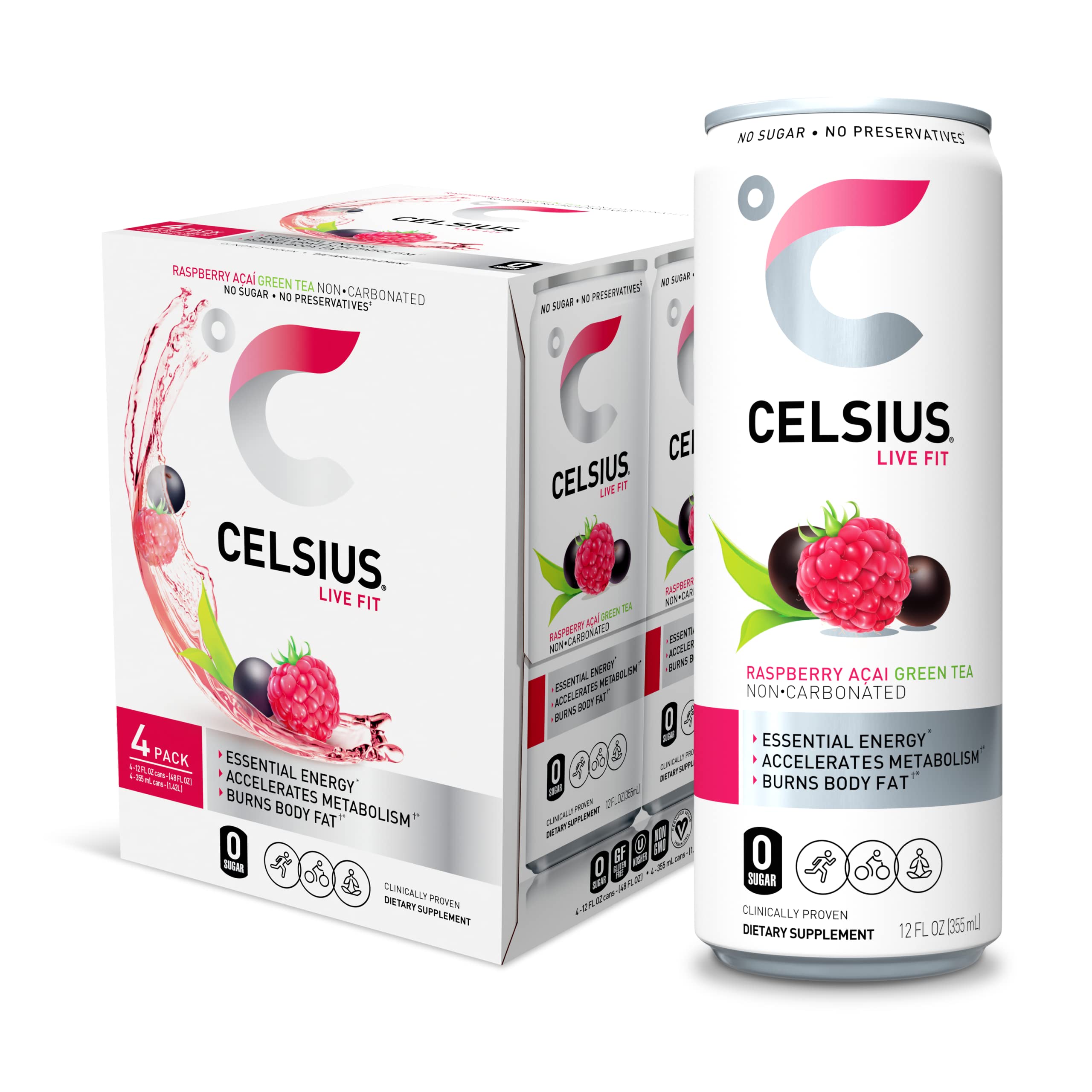 CELSIUS Essential Energy Drink , Raspberry Acai Green Tea 12 Fl Oz (Pack of 4)