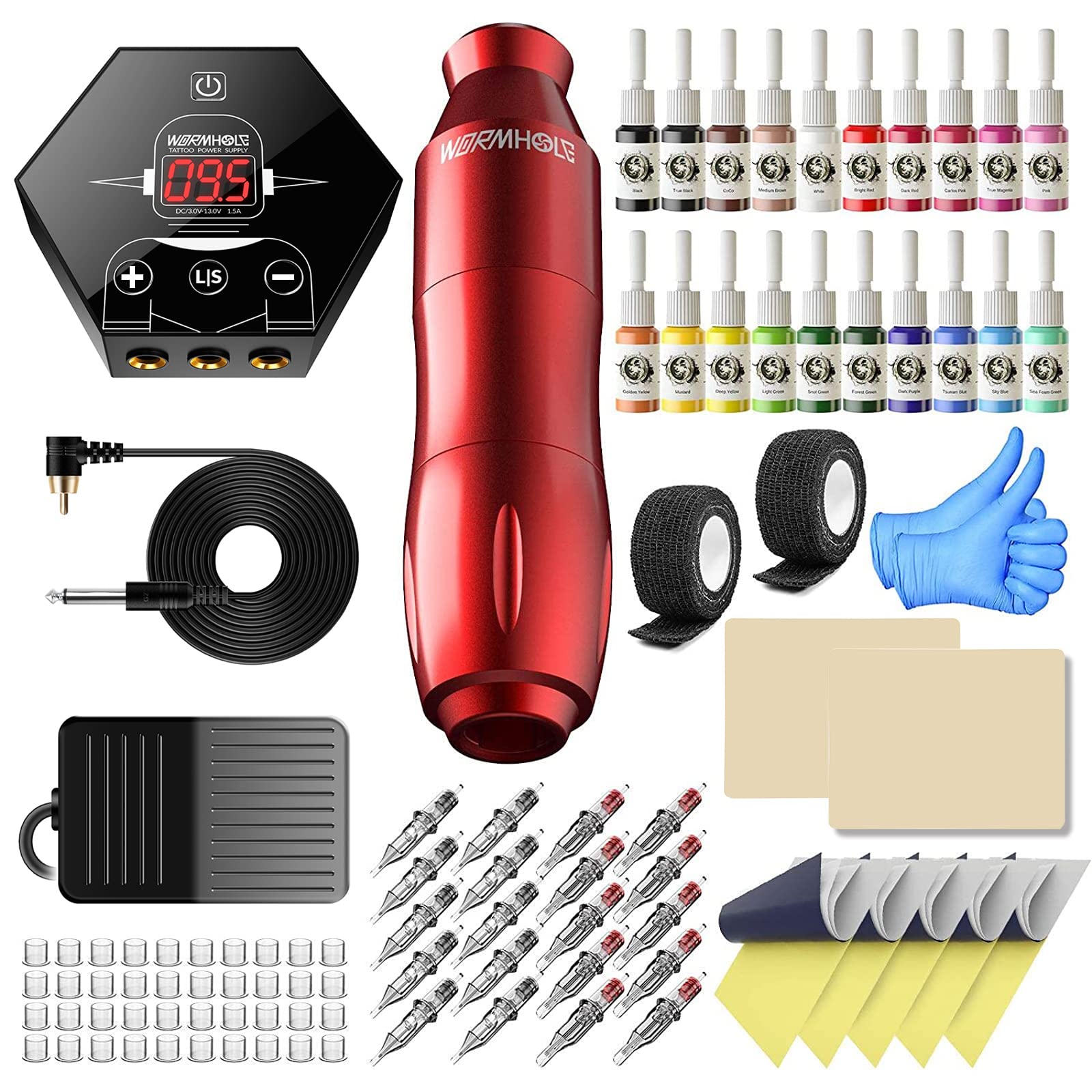 Wormhole Tattoo Pen Kit Rotary Tattoo Machine Kit with Power Supply and  Tattoo Cartridge Needles Complete Tattoo Kit for Beginners WTK063 Red