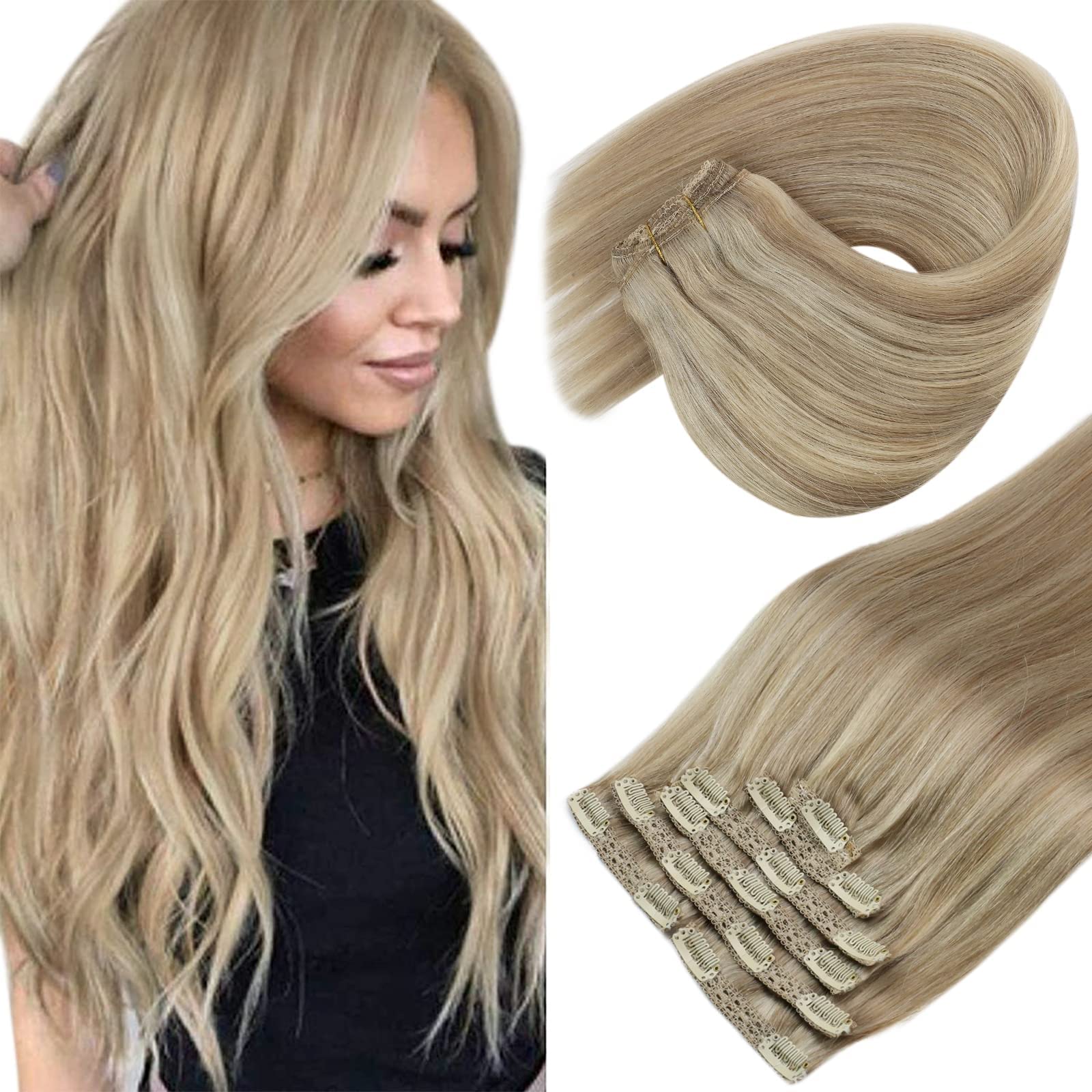 Sunny Clip in Hair Extensions Real Human Hair 20inch 7pcs 120g Blonde  Highlights Clip in Human