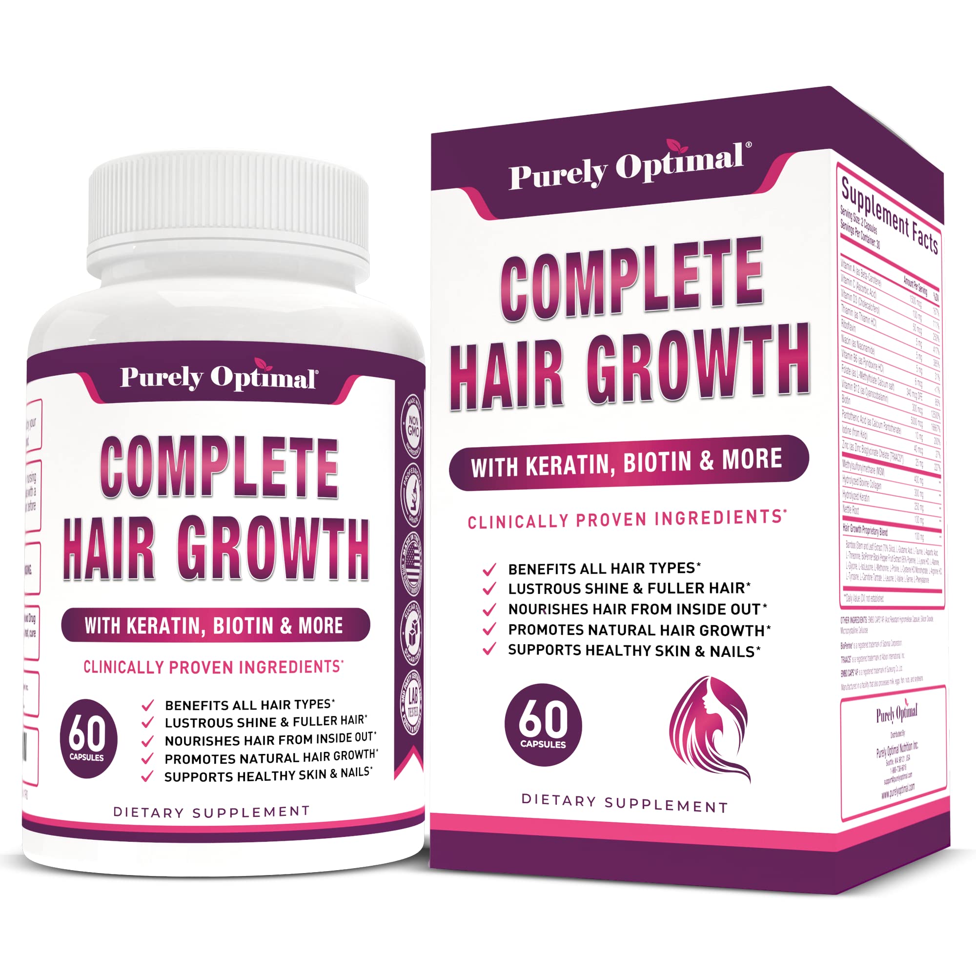 PURELY OPTIMAL Premium Hair Growth for Women & Men - Hair Growth Vitamins  w/ Biotin & Keratin - 60 Capsules