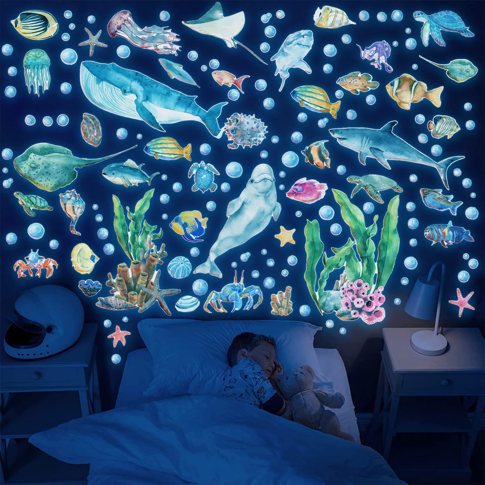 Star Stickers Glow In The Dark Desert Camel Sea Turtle Wall Decals Stickers  Glow In The Dark Vinyl Ocean Under Bathroom Decor For Kids Life Bedroom  Nursery Birthday Gifts, Sky Blue Stars, image size:1601x1601