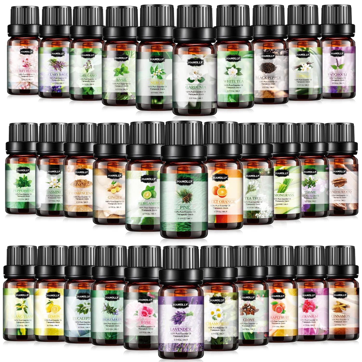 Essential Oils Set, Aromatherapy Essential Oil Kit for Diffuser,  Humidifier, Massage, Skin Care (32 x 5ml) 