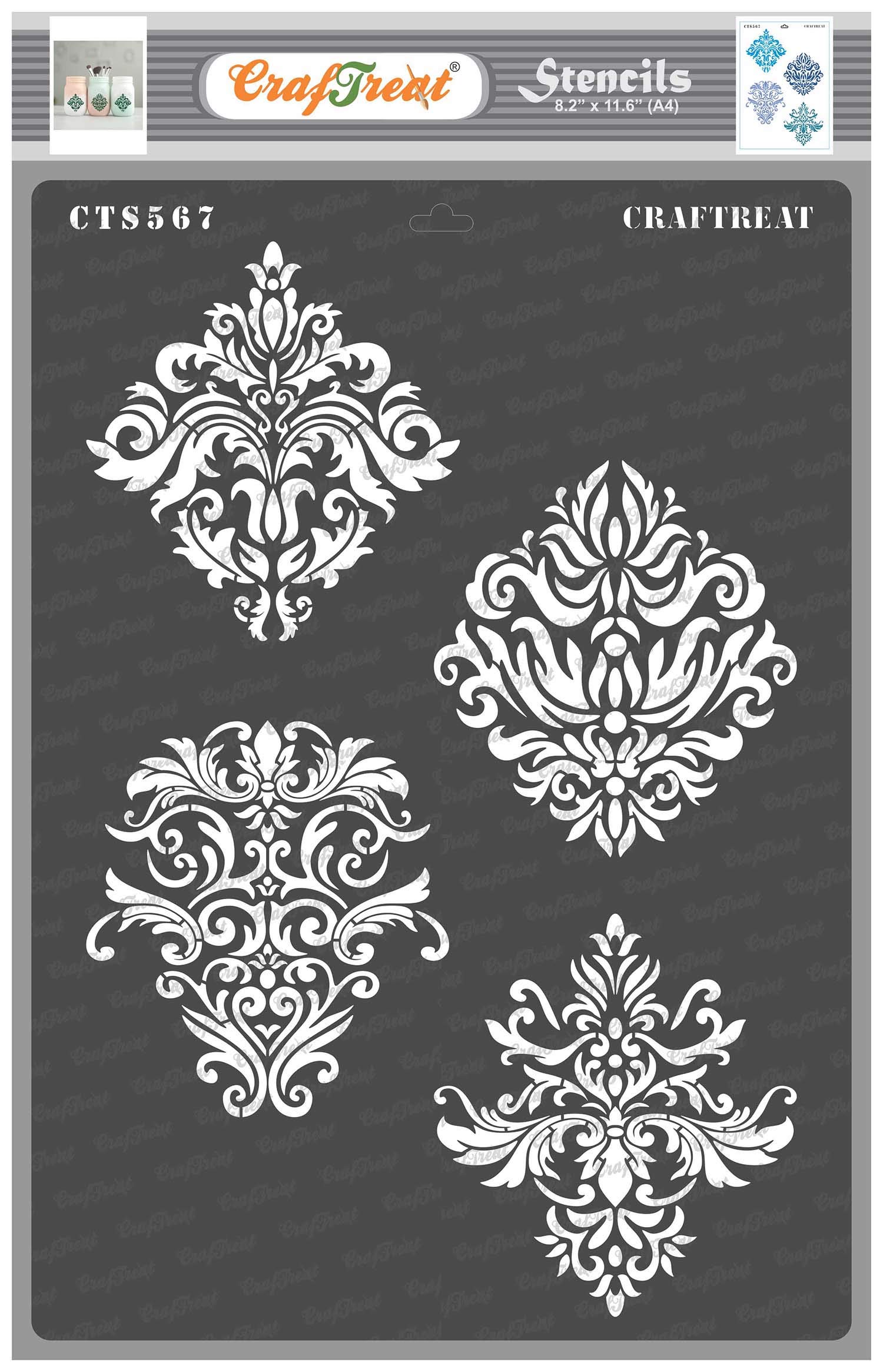 CrafTreat Damask Stencils for Painting on Wood Canvas Paper Fabric Floor  Wall and Tile - Damask Designs - Size: A4 (8.3 x 11.7 Inch) - Reusable DIY  Art and Craft Stencils 