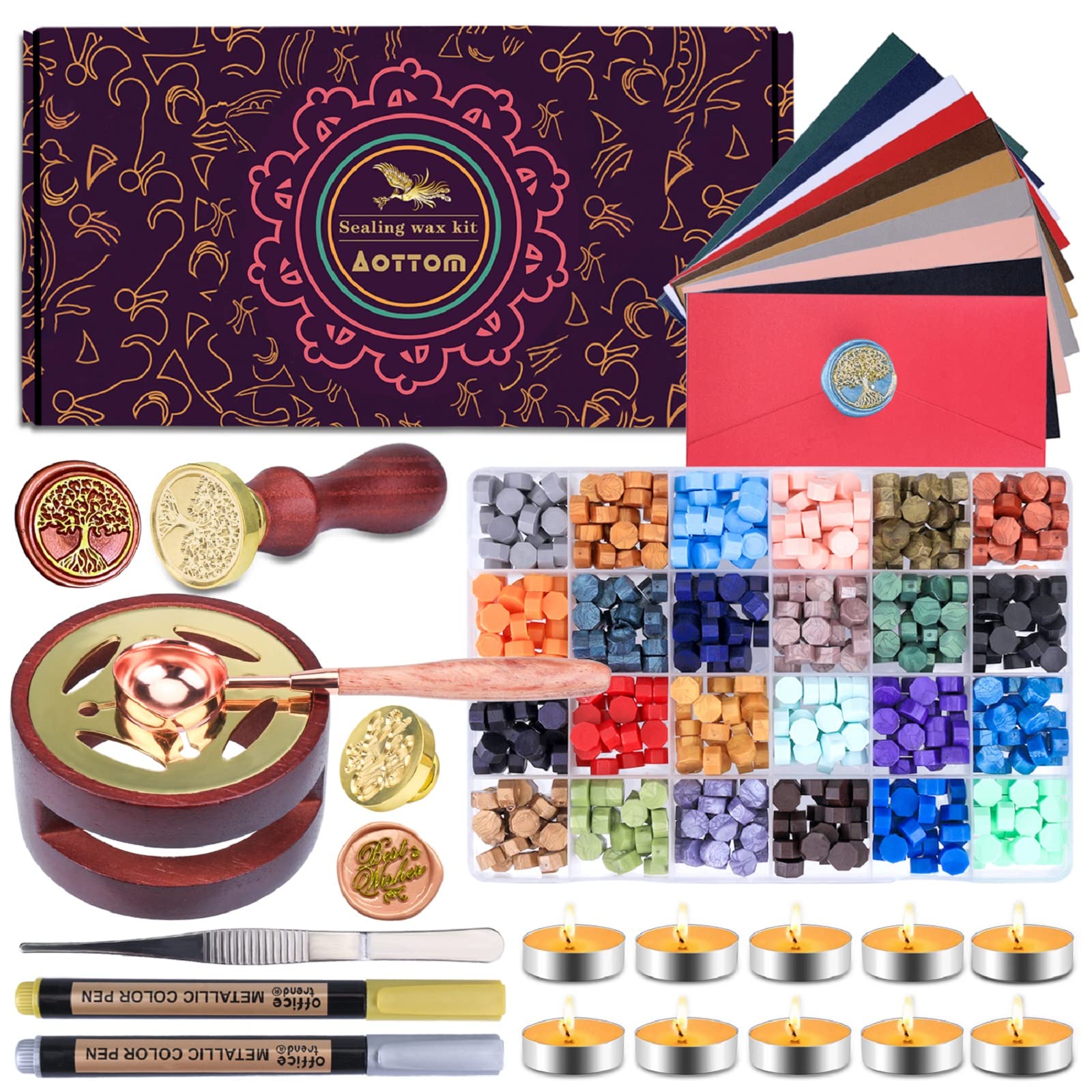 Wax Seal Stamp Kit with Gift Box Aottom Wax Letter Seal Kit with 24 Colors  650 Pcs Wax Seal Beads Sealing Wax Warmer Envelopes Candles Wax Stamp  Metallic Pen Wax Seal Kit