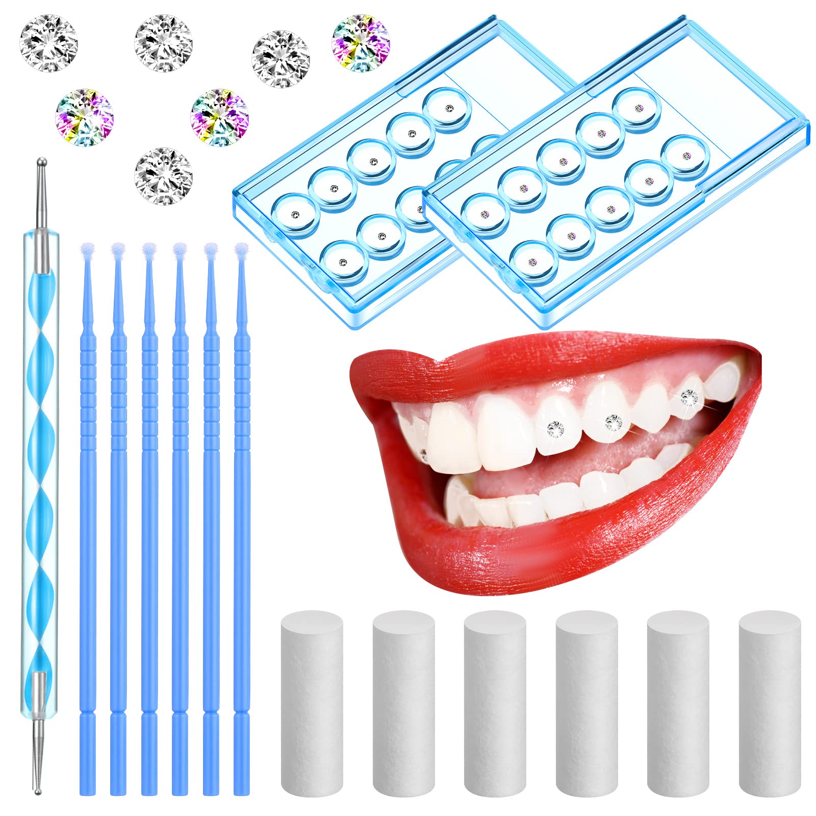 61 Pcs Tooth Gem Kit DIY Teeth Jewelry Dental Teeth Gems Reflective Teeth  Diamonds Kit Artificial Crystal Tooth Ornaments Jewel with Applicator  Sticks Dot Drill Pen Cotton Sticks for Teeth Decor White