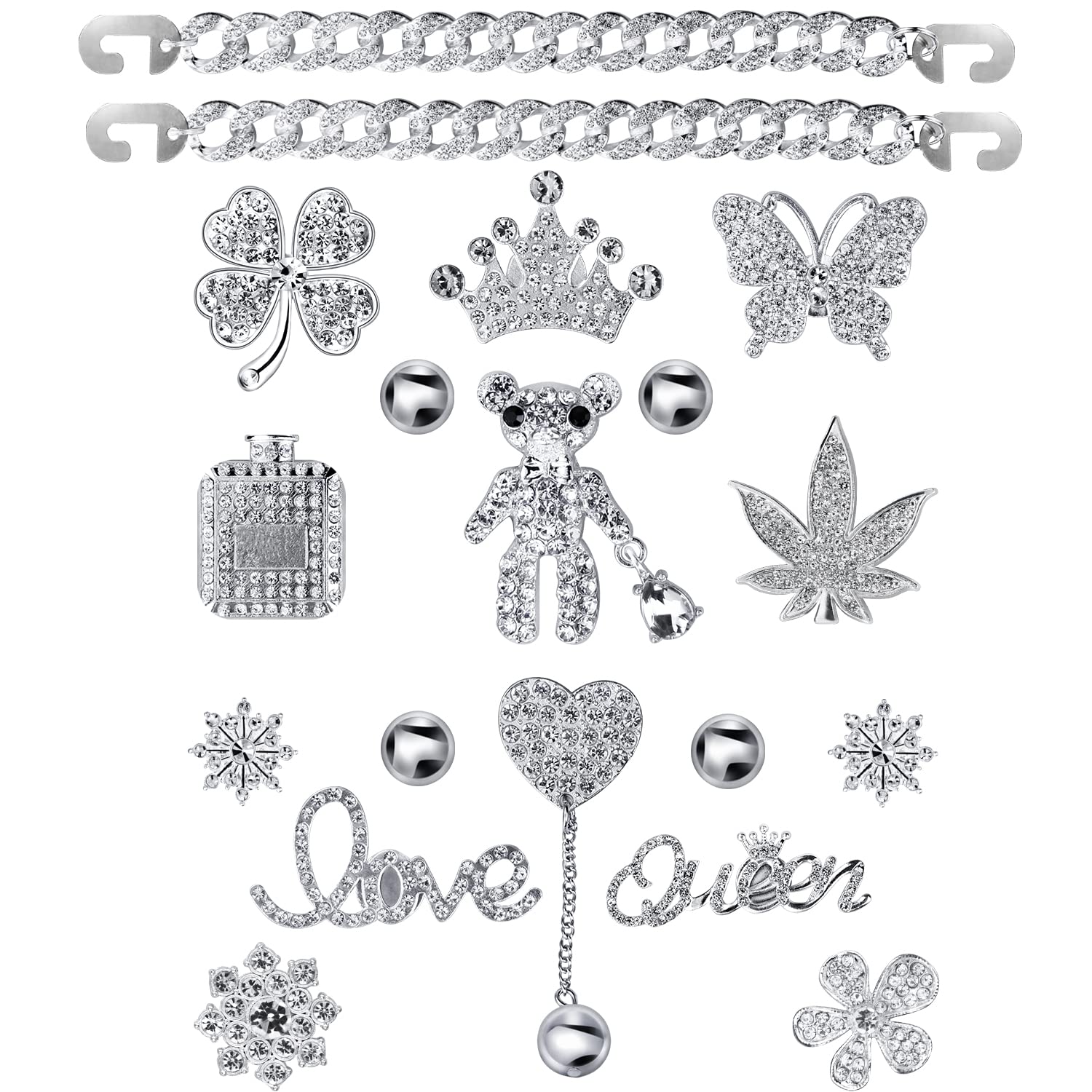Bling Chain Charms for Clog Shoes Decoration, Luxury Rhinestone Cute  Diamond Bear Love Flower Butterfly Crown Trend Designer Jewelry Shoe  Accessories for Women Girls Teens Adults Gifts (Silver)