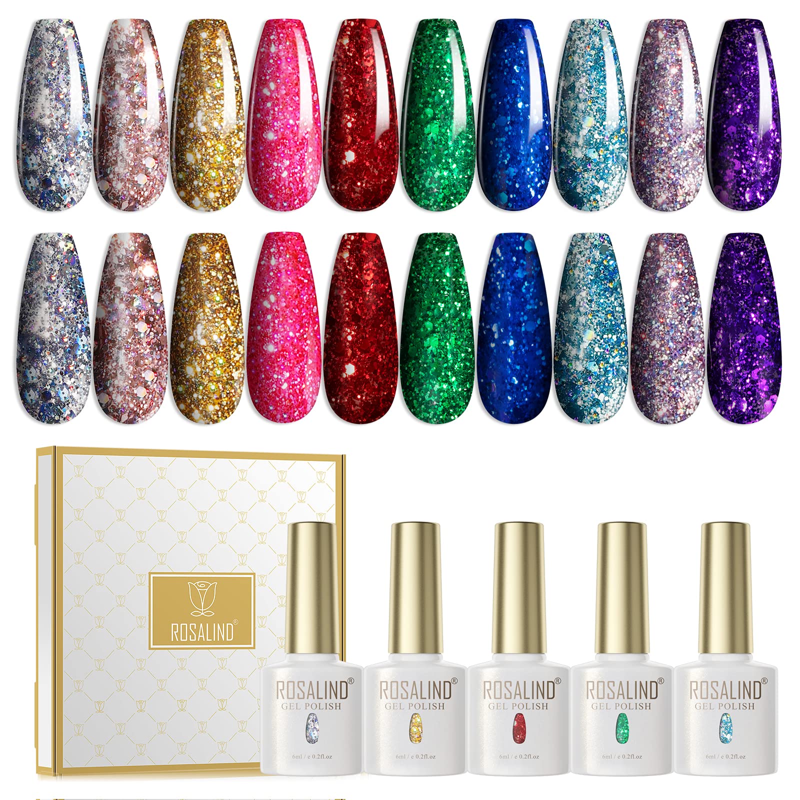 ROSALIND 10PCS Glitter Gel Nail Polish Set Gold Red Sparkle Gel