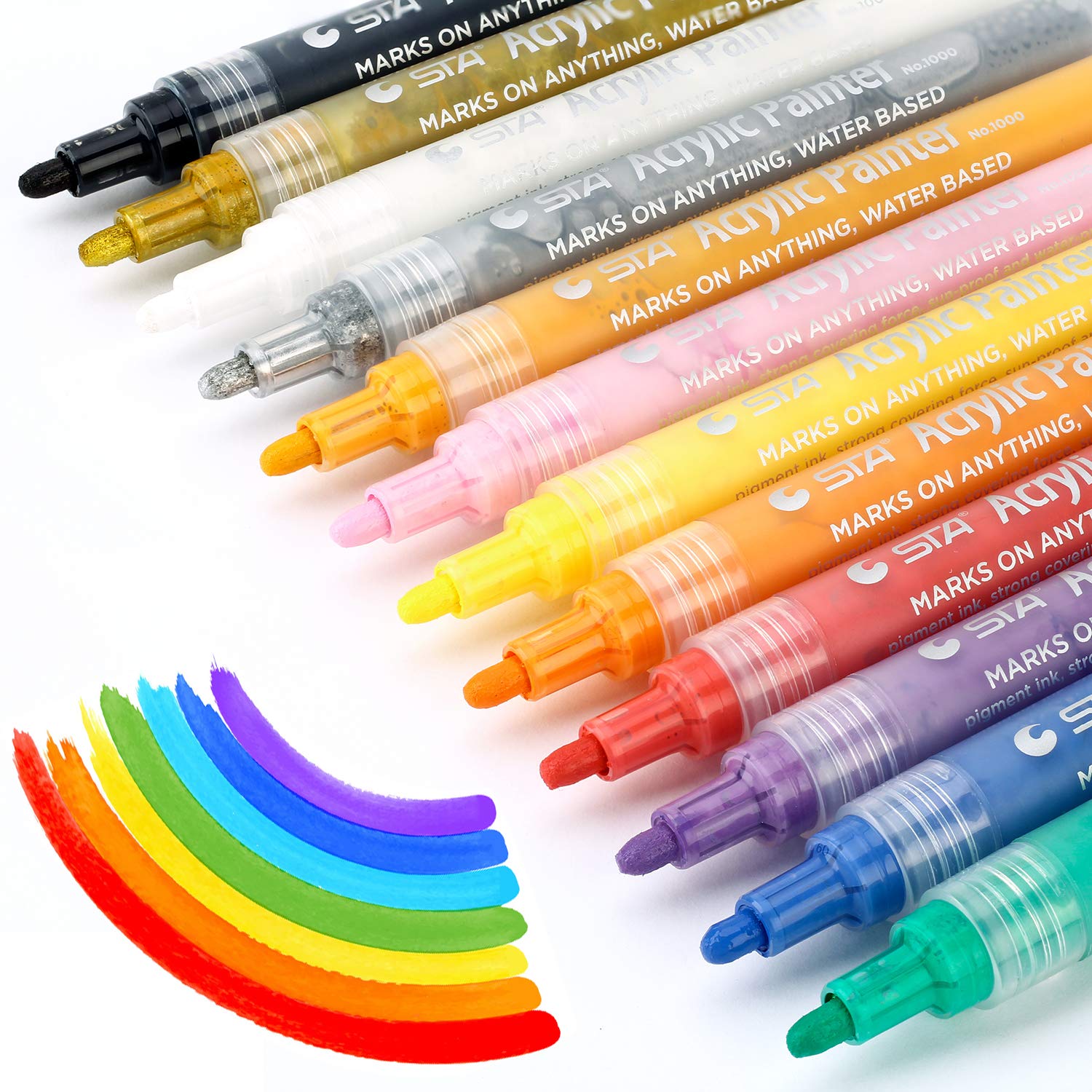 Permanent Paint Markers Set - 12 Colors - Oil-Based - High Permanence - Marker Pens for Glass, Use on Metal, Wood, Porcelain, Plastic, Pottery, Fabric