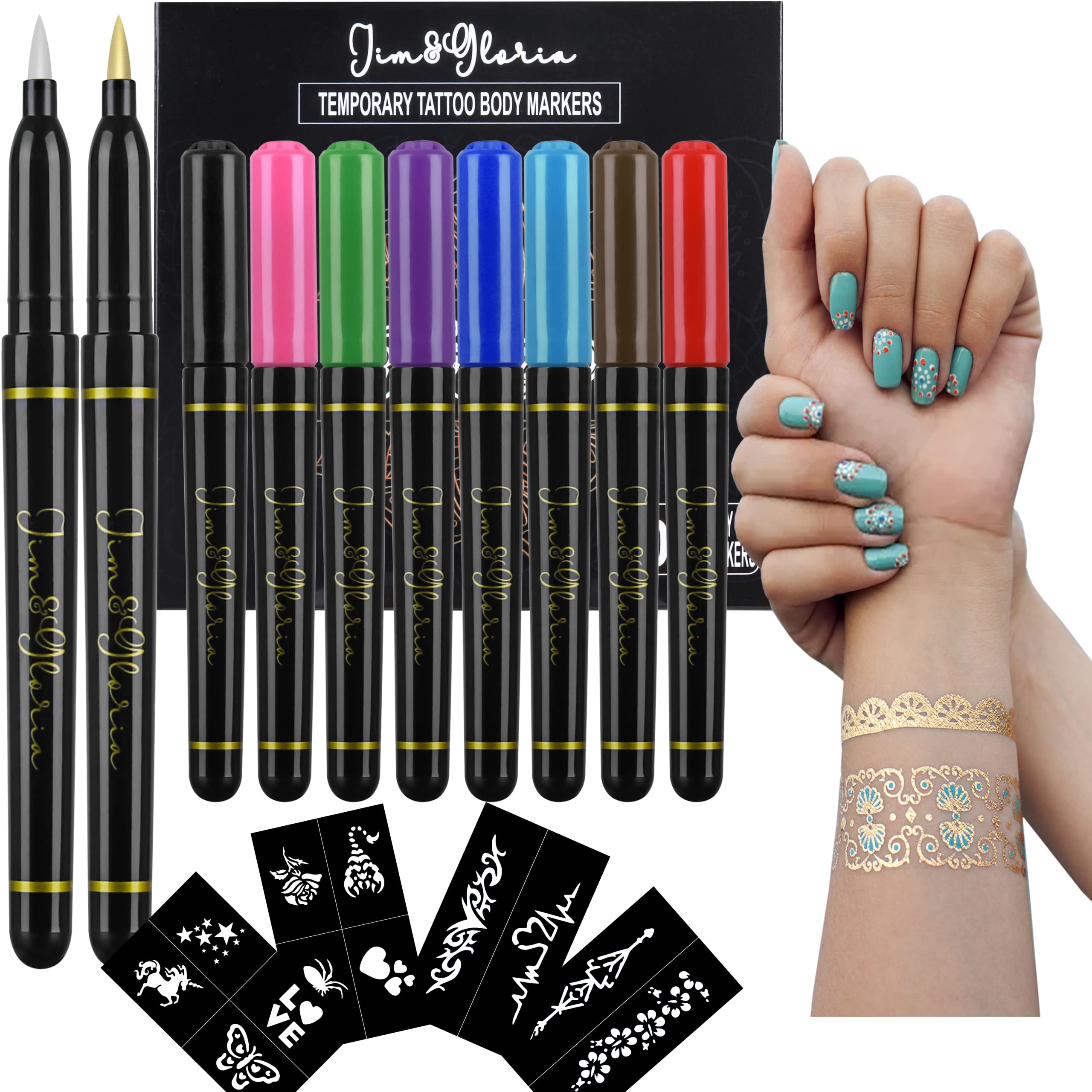 Jim&Gloria Body Art Tattoo Pen 10 Colors With Gold and Silver Fake Tattoos  Brush Temporary Tattoo Kit Teen Girls Trendy Stuff for Birthday  Friendsgiving Thanksgiving and Christmas gift ideas