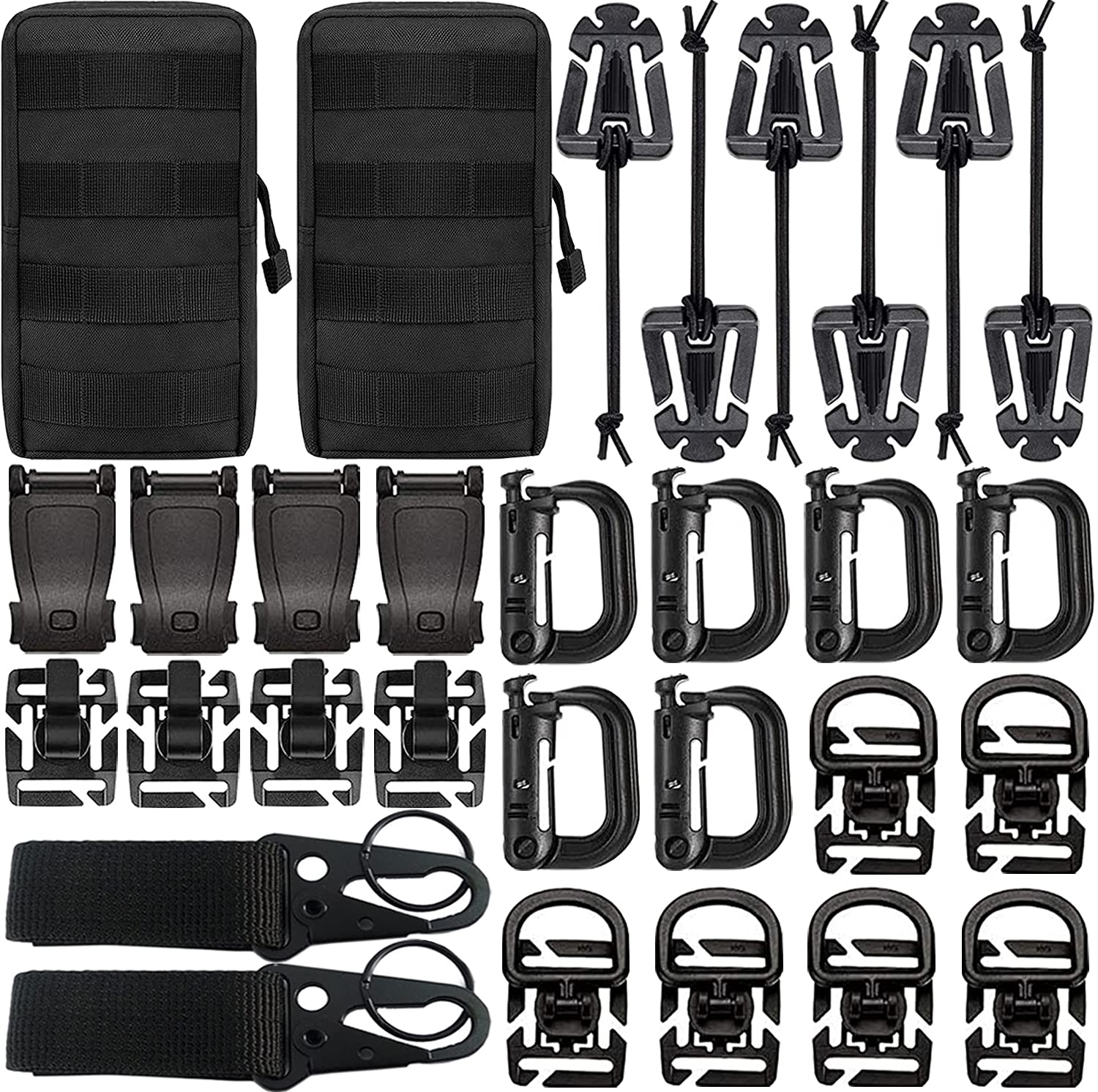 Createy Attachments for 1 Webbing Molle Bag Tactical Backpack Vest Belt Molle  Accessories Kit with Molle Pouches D-Ring Grimloc Locking Gear Clip Web  Dominator Elastic Strings Buckle Pack of 30 Black