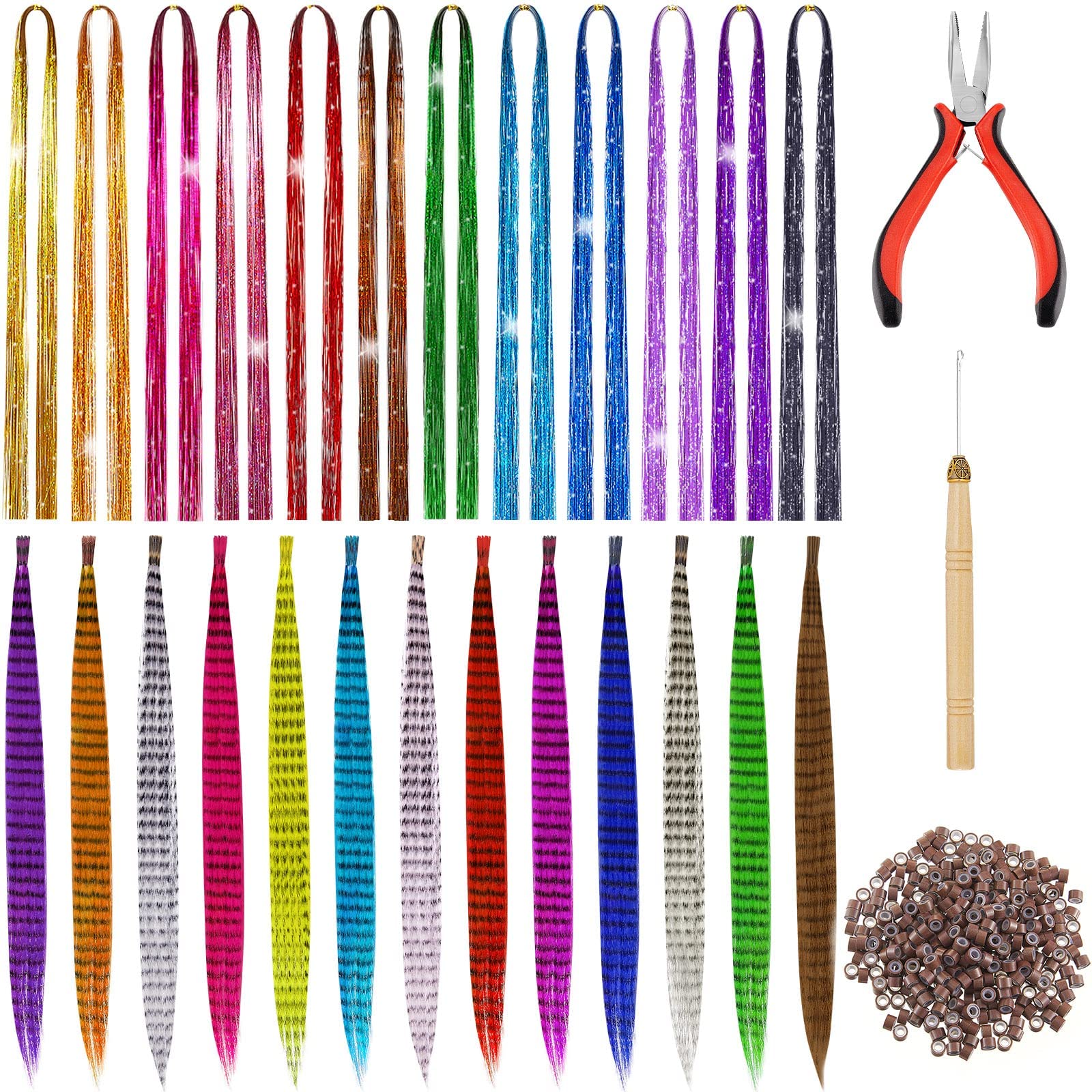 Feather Hair Extension Kit with 26 Synthetic Feathers, 100 Beads, Plier and  Hook