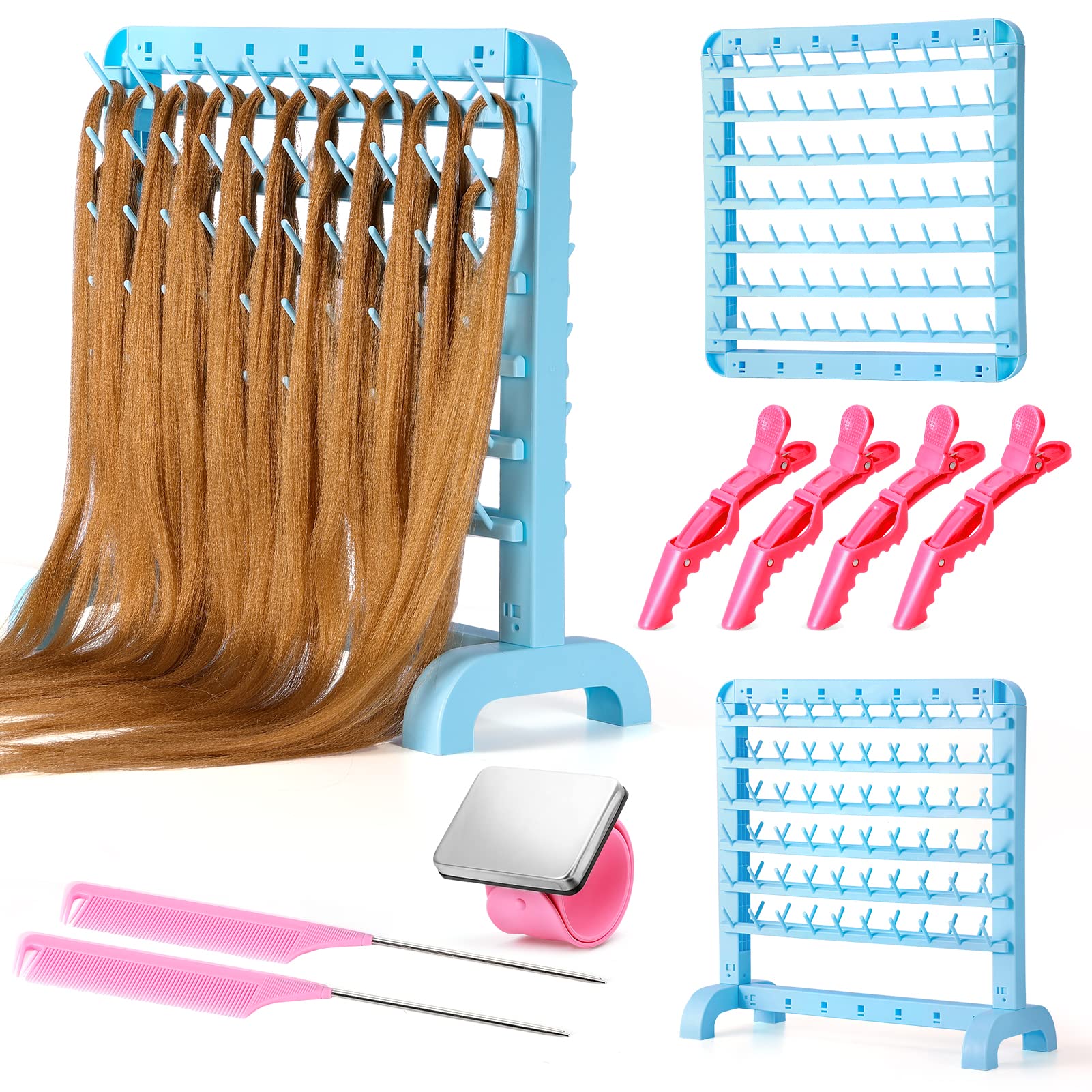 Yumkfoi Portable Braiding Hair Rack 120 Pegs 2-in-1 Standing Hair Holder  Braid Rack for Braiding Hair Double Sided Hair Separator Stand for Stylists  Hair Extension Holder with Hair Supplies Blue Plastic-120 pegs