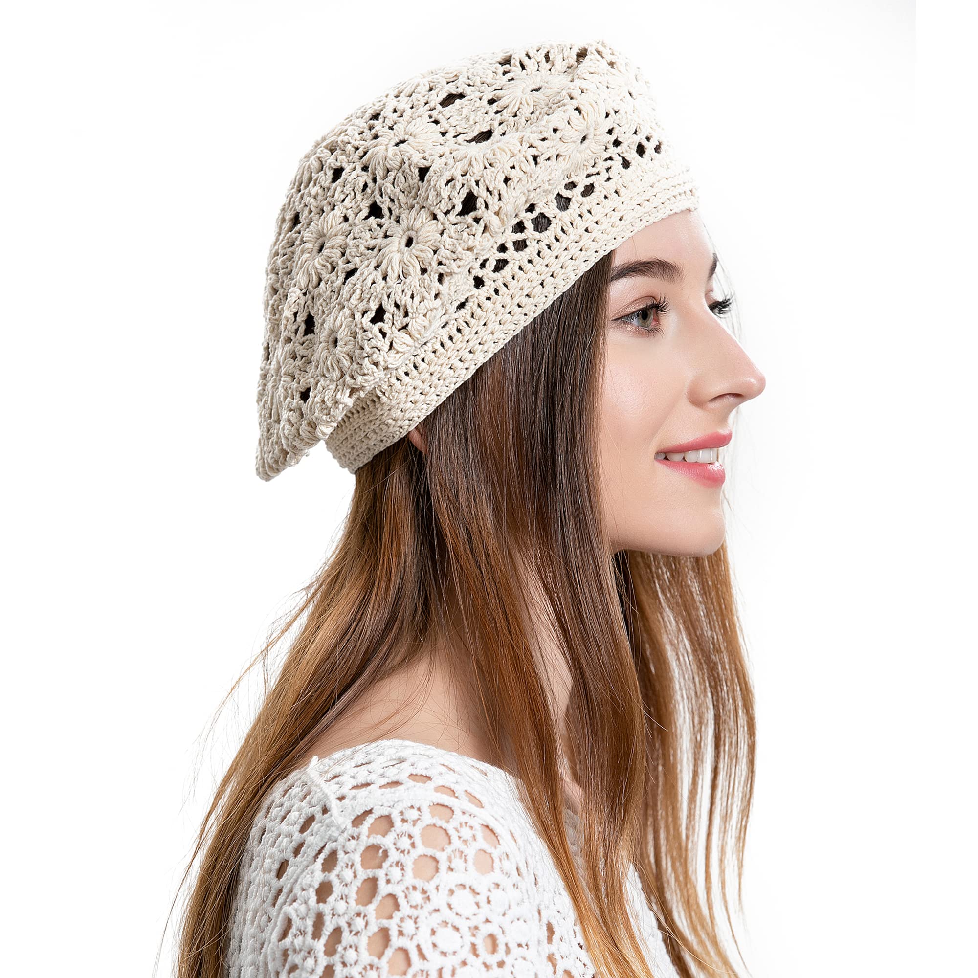 thumbnail image 2 of ZLYC Women's Cotton Crochet Beret - Slouchy Floral Beanie Handmade Hat 2 of 11