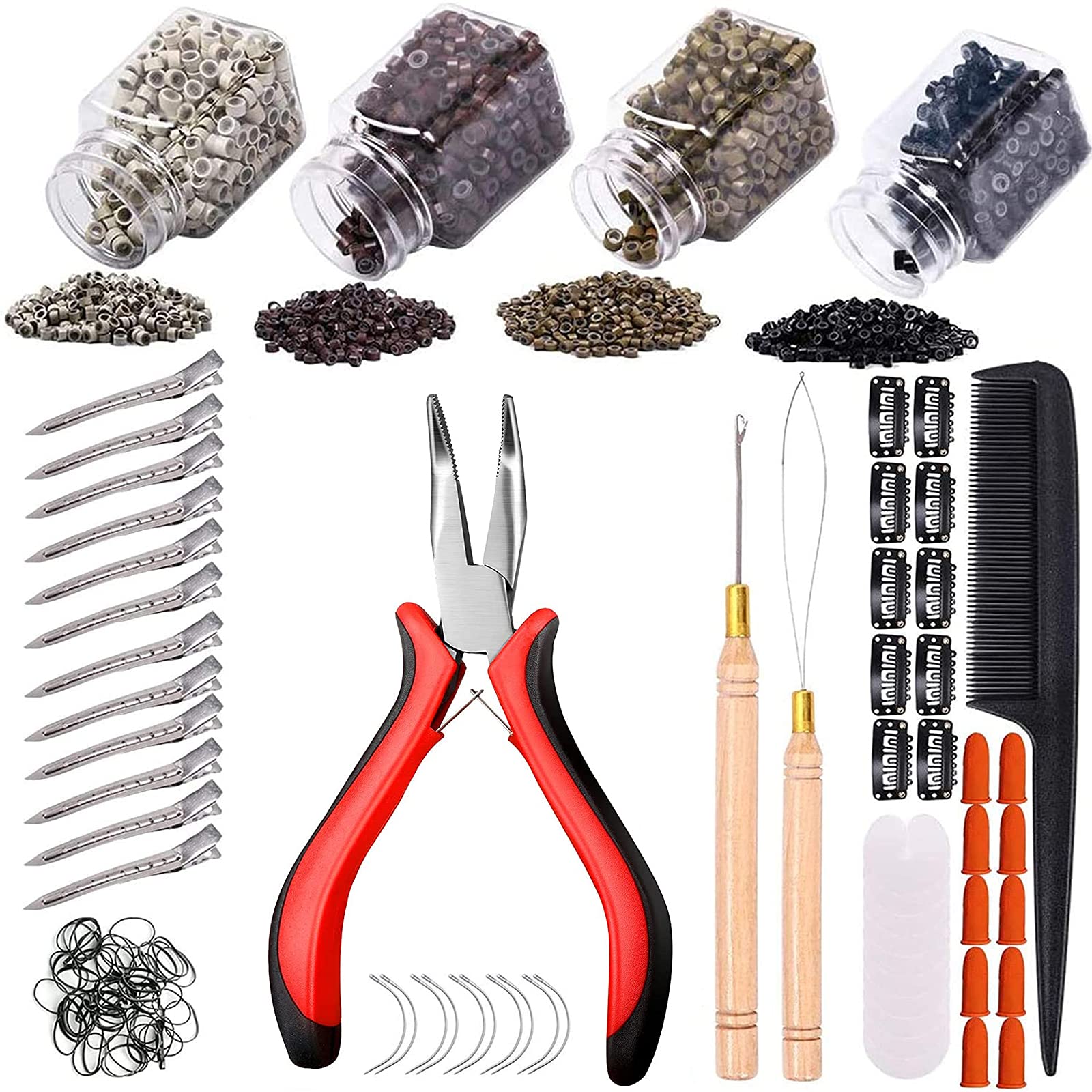 WALFRONT 100PCS Silicone Beads Hair Extension Micro Rings + Hook Needle +  Pulling Loop + Plier Tool Kit ,Hair Extension Rings, Plier 