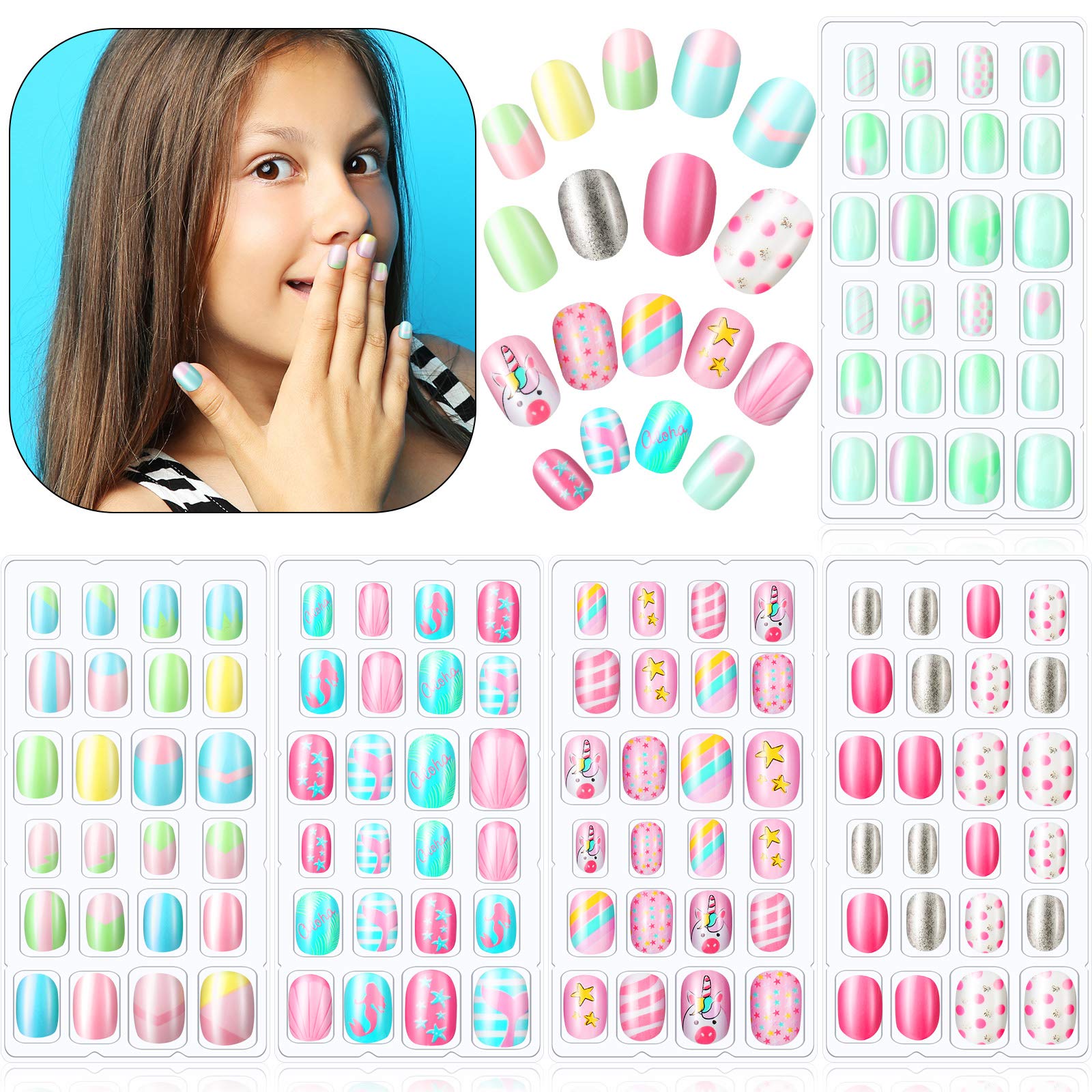 SIUSIO 120Pcs 5 Pack Children Acrylic Fake Nails Press on Pre-glue Full  Cover Glitter Gradient