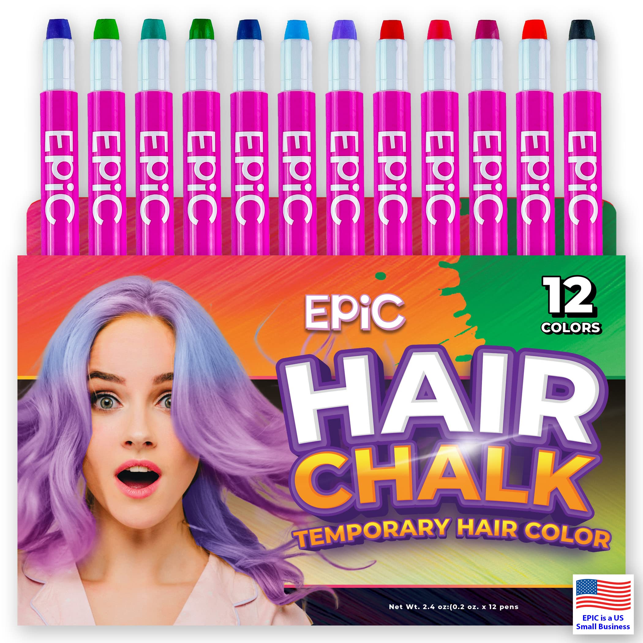 EPIC Hair Chalk for Kids - Girls & Boys - 12 Large Pens - Hair Crayons - Temporary Hair Color for Kids, Teens & Adults - Face Paint - Washable - Non EPIC Hair Chalk for Kids - Girls & Boys - 12 Large Pens - Hair Crayons - Temporary Hair Color for Kids, Teens & Adults - Face Paint - Washable - Non
