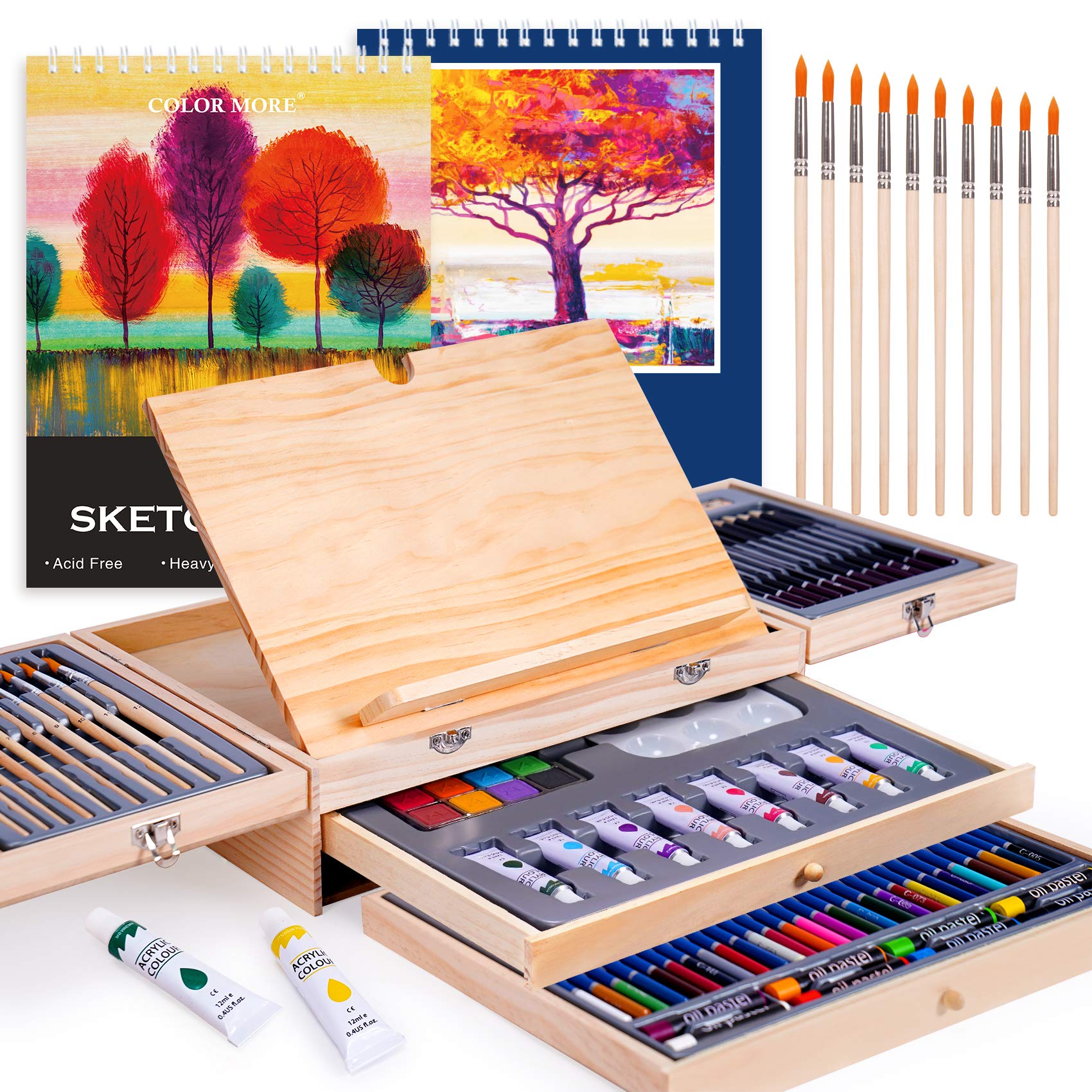 175 Piece Deluxe Art Set with 2 Drawing Pads, Acrylic  Paints,Crayons,Colored Pencils,Paint Set in Wooden Case,Professional Art Kit ,Art Supplies for Adults,Teens and Artist,Paint Supplies