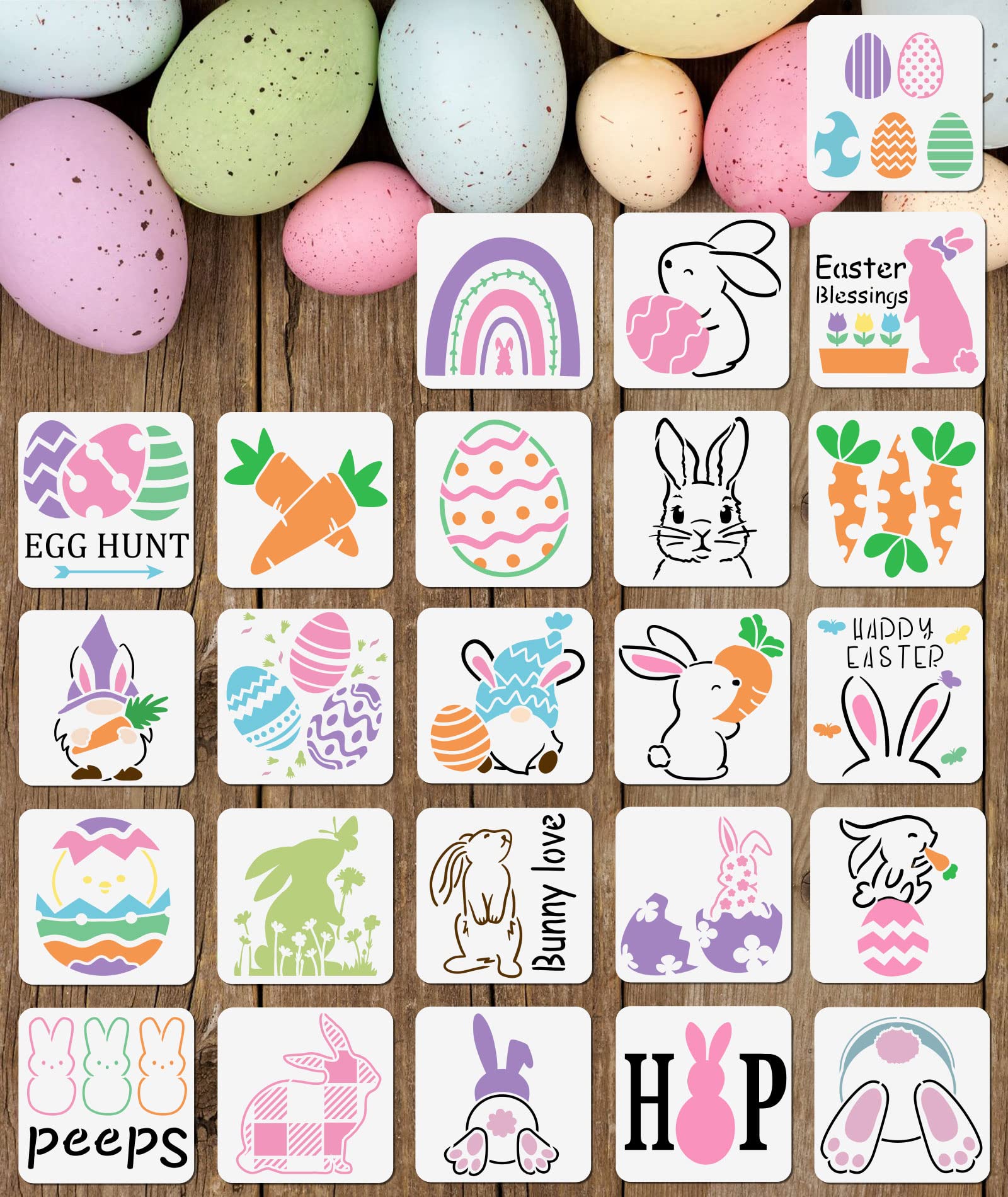 24Pcs 3x3 Inch Small Easter Stencils for Painting on Wood,Include  Carrot/Egg/Peeps/Bunny Stencils for DIY Crafts Ornaments