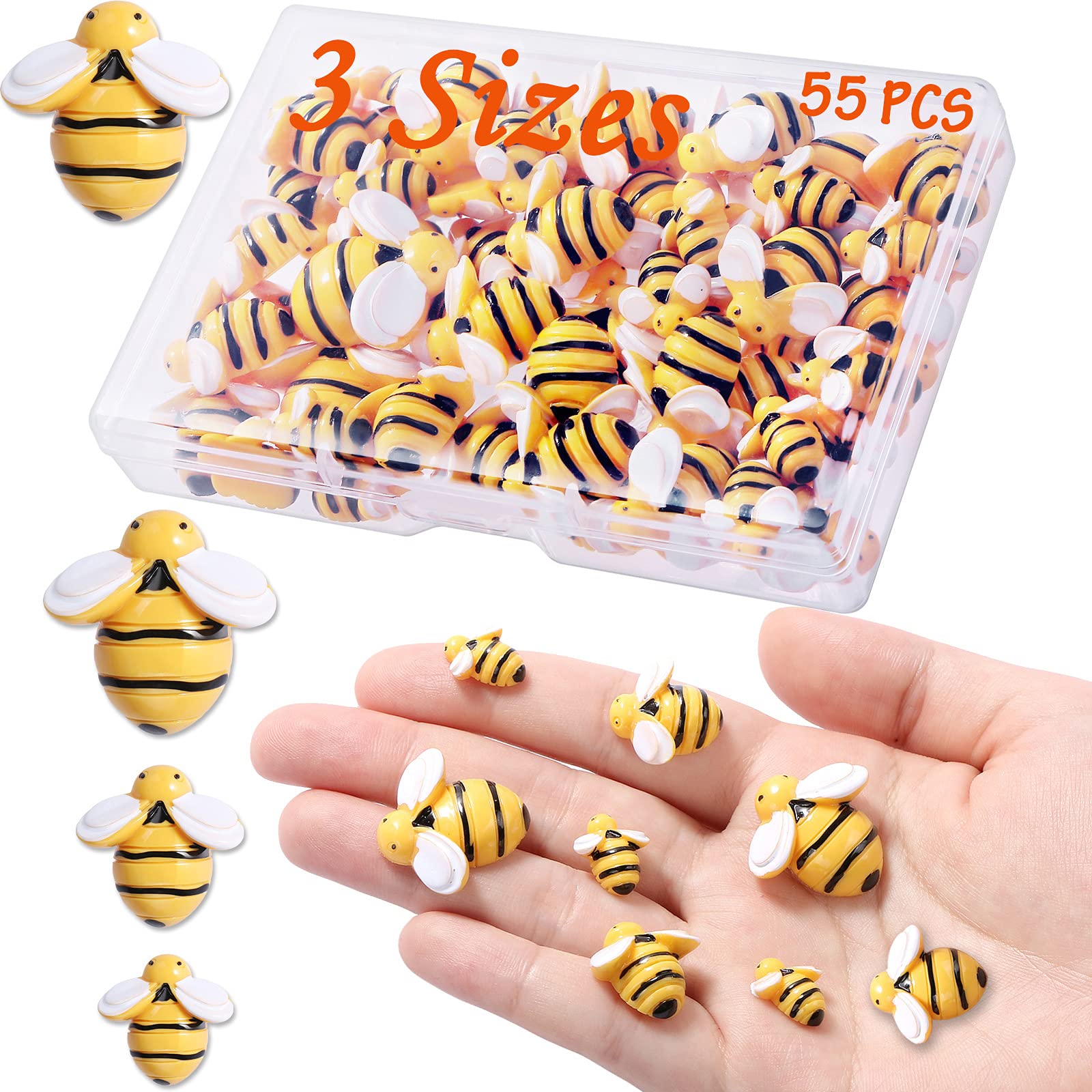 MIKIMIQI 55 Pcs Tiny Resin Bees Decor Bumble Bee Embellishment Resin Bees  Craft Decorations with Storage Box for DIY Craft Wreath Scrapbooking Party  Home Decor 0.98 Inch 0.74 Inch 0.55 Inch