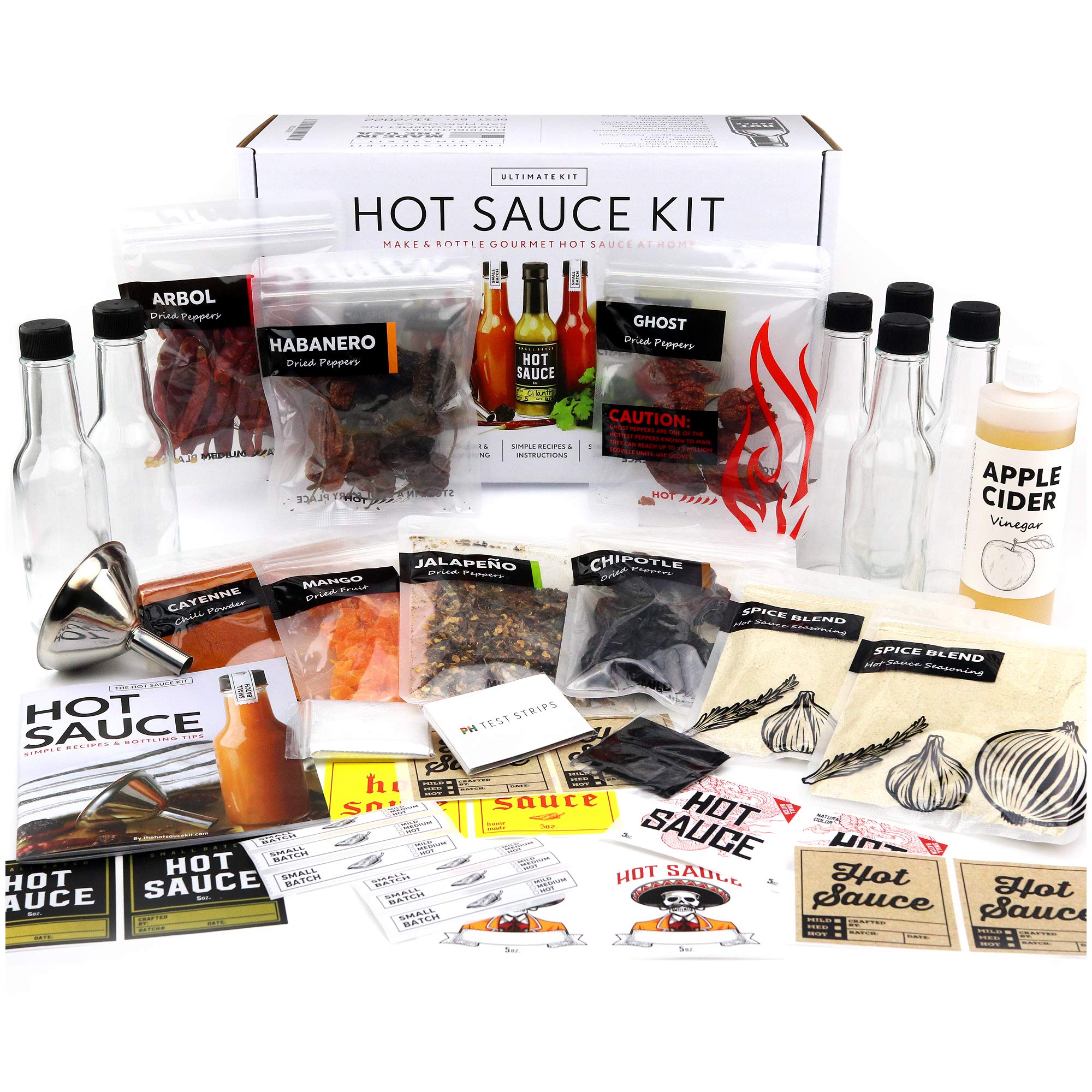 Ultimate Hot Sauce Making Kit 6 Varieties of Peppers Ghost pepper Habanero  Gourmet Spice Blend 6 Bottles Labels Book Xmas Gift For Dad (Ultimate Kit)  34 Piece Set