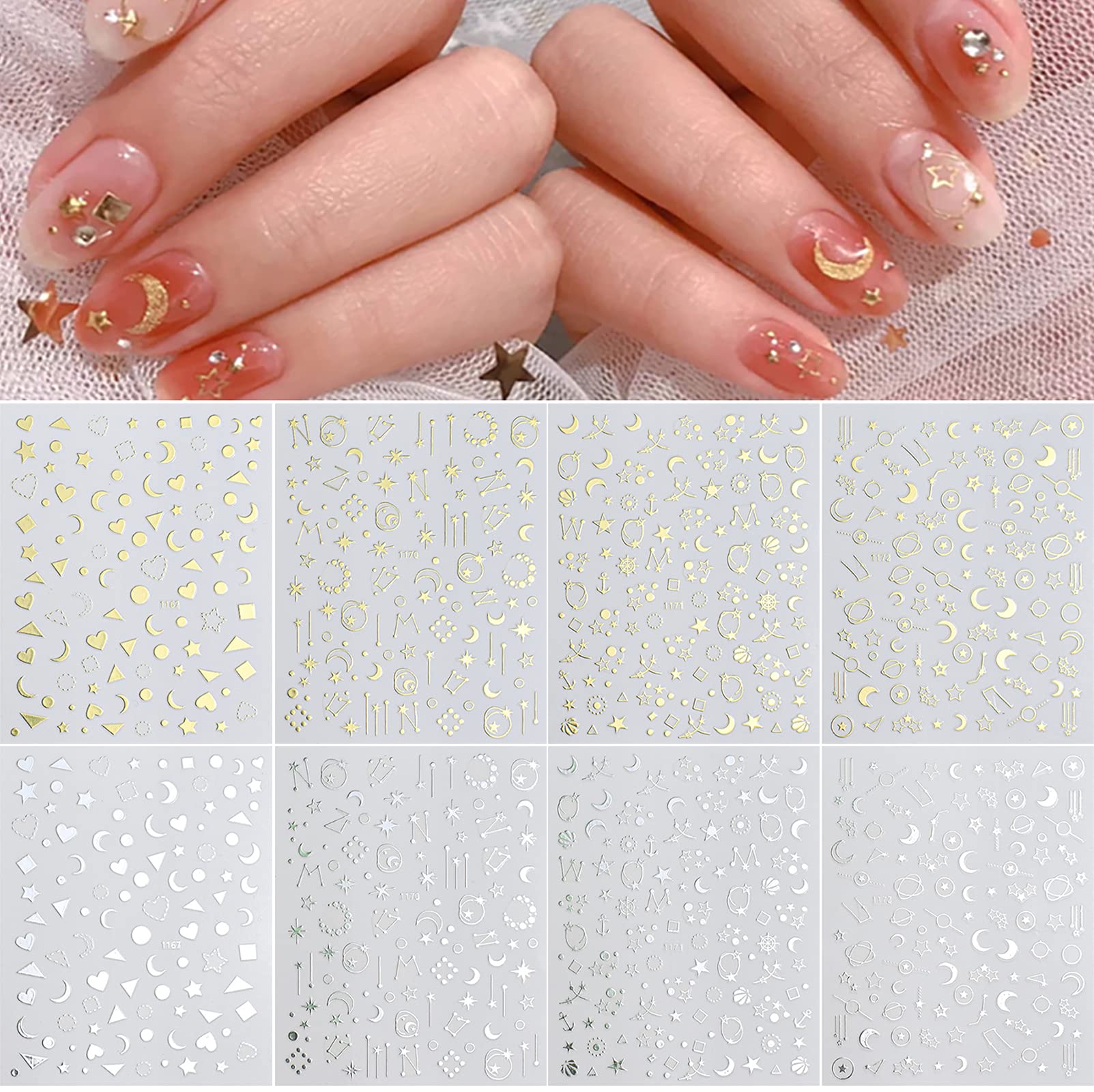  8Sheets Gold Star Nail Sticker Decals- Metallic Nail