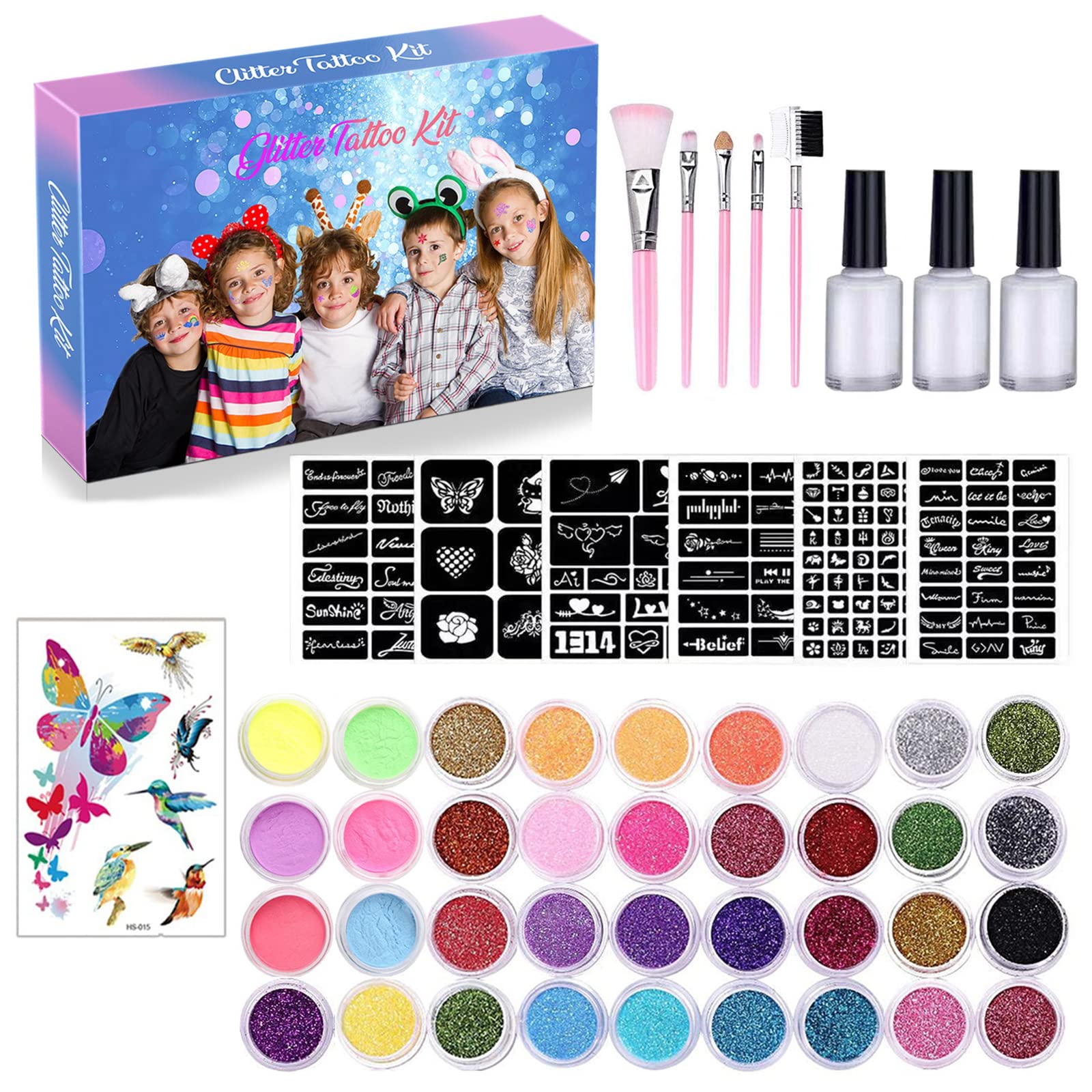 CkFyahp Temporary Glitter Tattoo Kit for Kids with 30 Glitter Colors 6  Fluorescent Colors 119 Unique Stencils 3 Body Glue 5 Brushes Arts Glitter  Make Up Set for Birthdays Party Favor Supplies