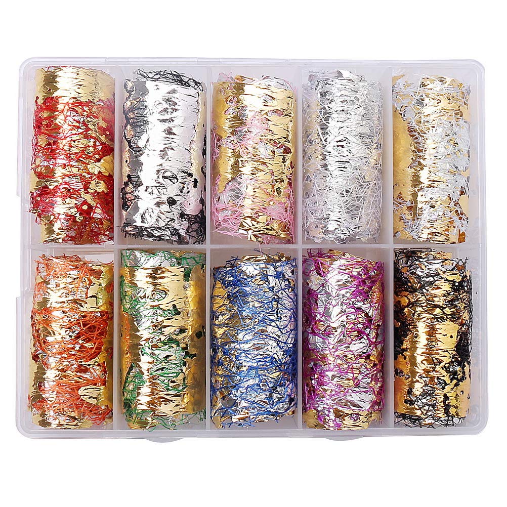 SUMAJU 10 Rolls Gold Silver Nail Foils Mesh Nail Sticker Adhesive