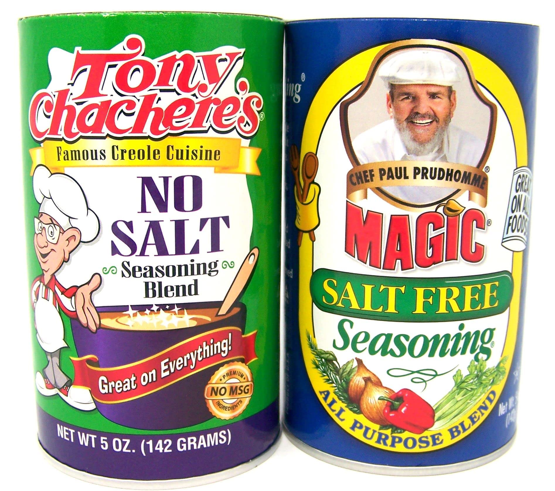 Tony Chachere's Salt Free Cajun Seasoning and Chef Paul Salt Free