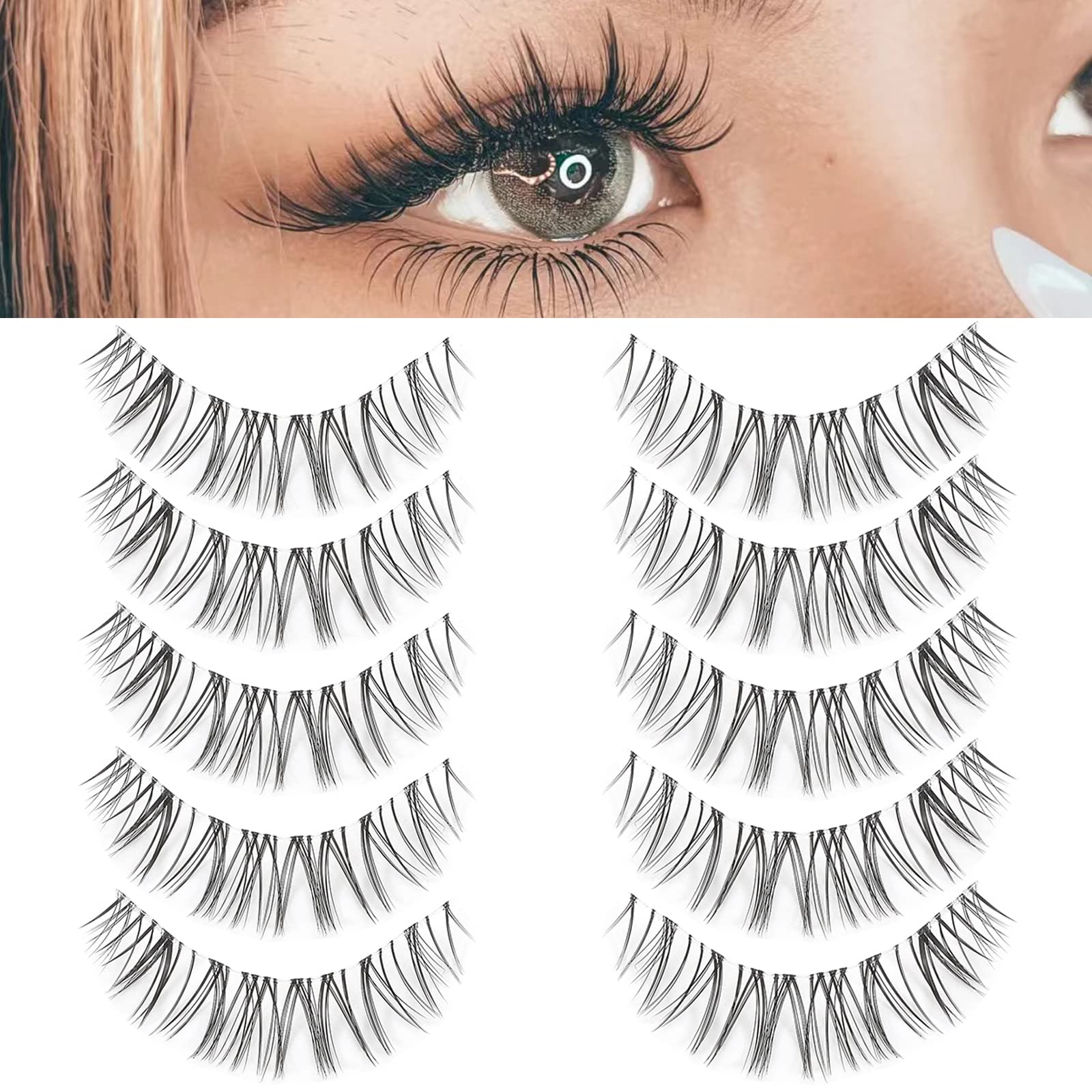 KISSNOWY 5Pairs Natural Lashes Manga Anime Makeup Clear Band eyelashes  Extension Cosplay Makeup Lashes Anime Eye Makeup Tools (C-03)