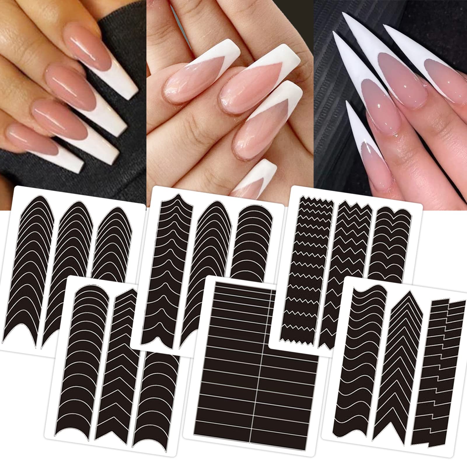 1422 Pcs French Tip Nail Guides Self-Adhesive French Moon Shaped V-Shaped  Manicure Strip Stickers for Edge Auxiliary Black DIY Decoration Stencil  Tools(11 Designs 36 Sheets) French Manicure 36 Sheets